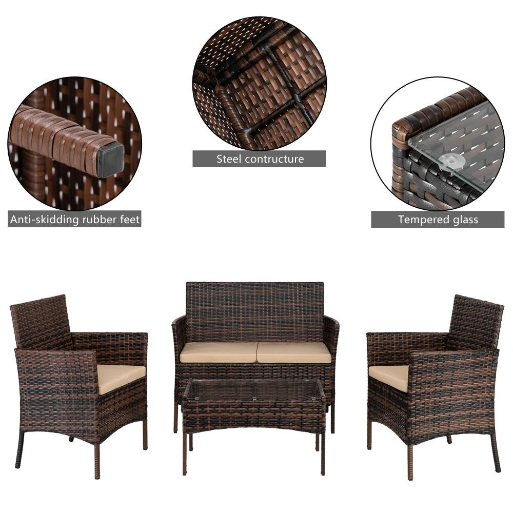 4 Pieces Outdoor Patio Rattan Wicker Table Sofa Furniture Set w/ Cushion