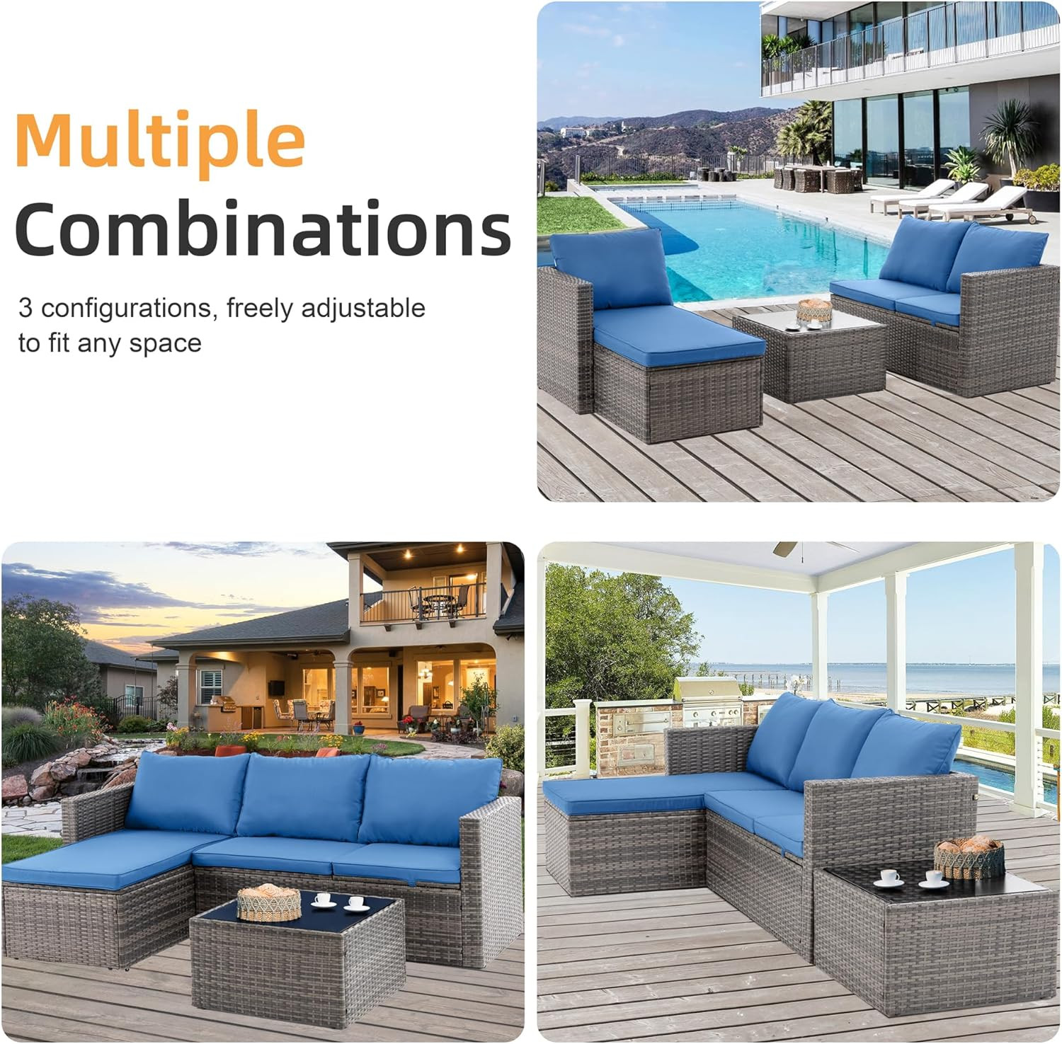 4 Pieces Patio Furniture Set, 2-In-1 Convertible Sectional Sofa & Chaise Lounge,