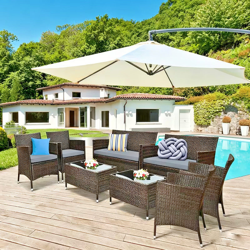 8PCS Hand-Woven Patio Rattan Outdoor Furniture Set w/ Washable Gray Cushions