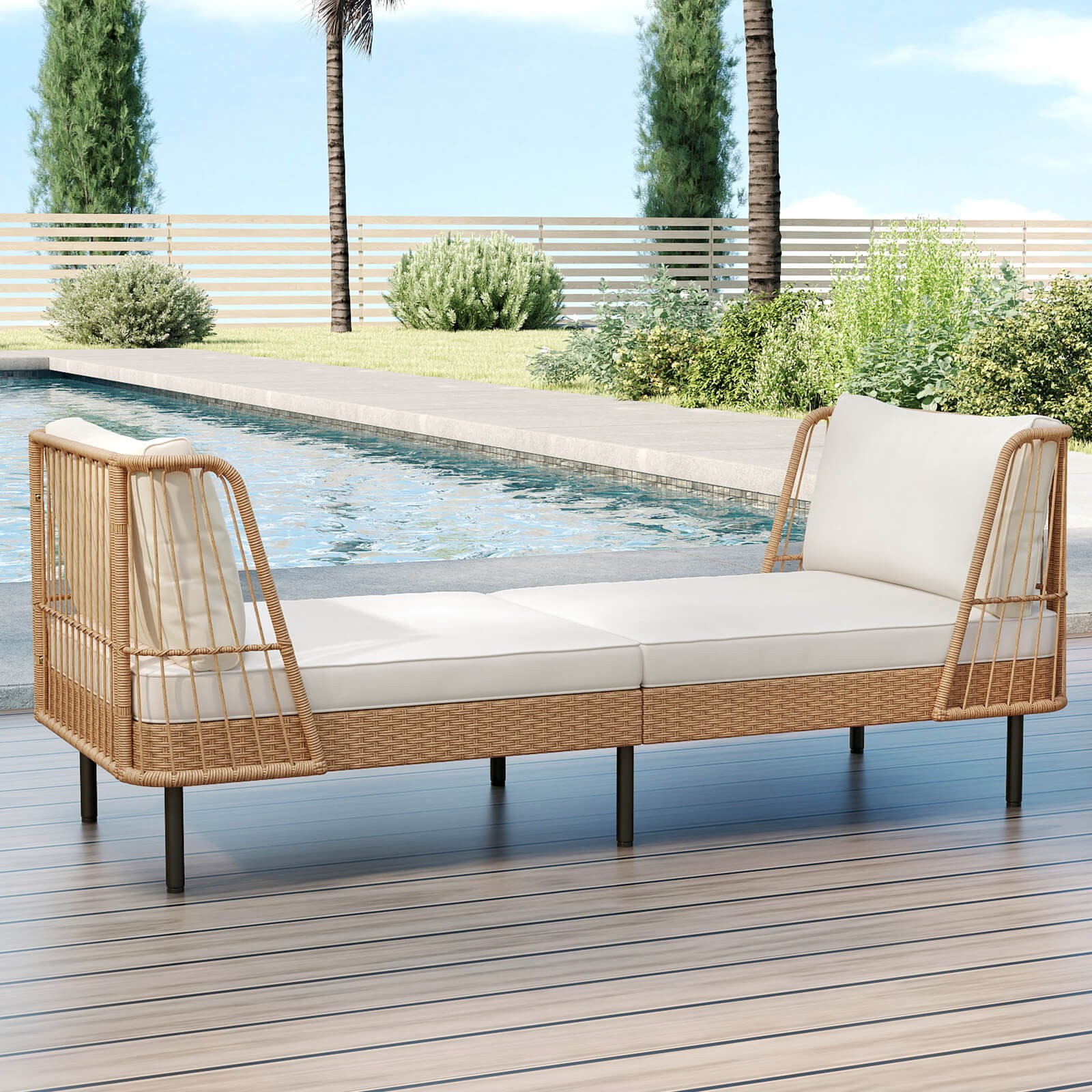 Patio Wicker Daybed w/Seat Back Cushions Robust Metal Legs For Backyard Porch