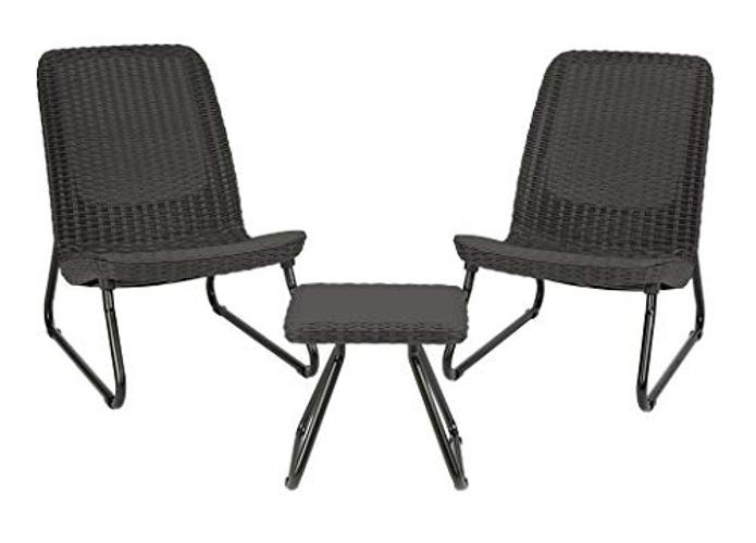 Keter Rio 3 Piece Resin Wicker Patio Furniture Set with Side Table Dark Grey