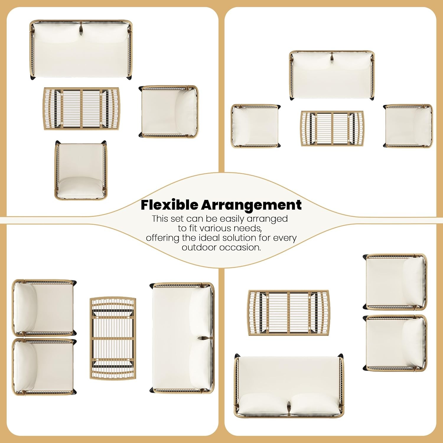 4 Piece Patio Furniture Set Wicker Conversation Sets Tan/Cream Outdoor Boho