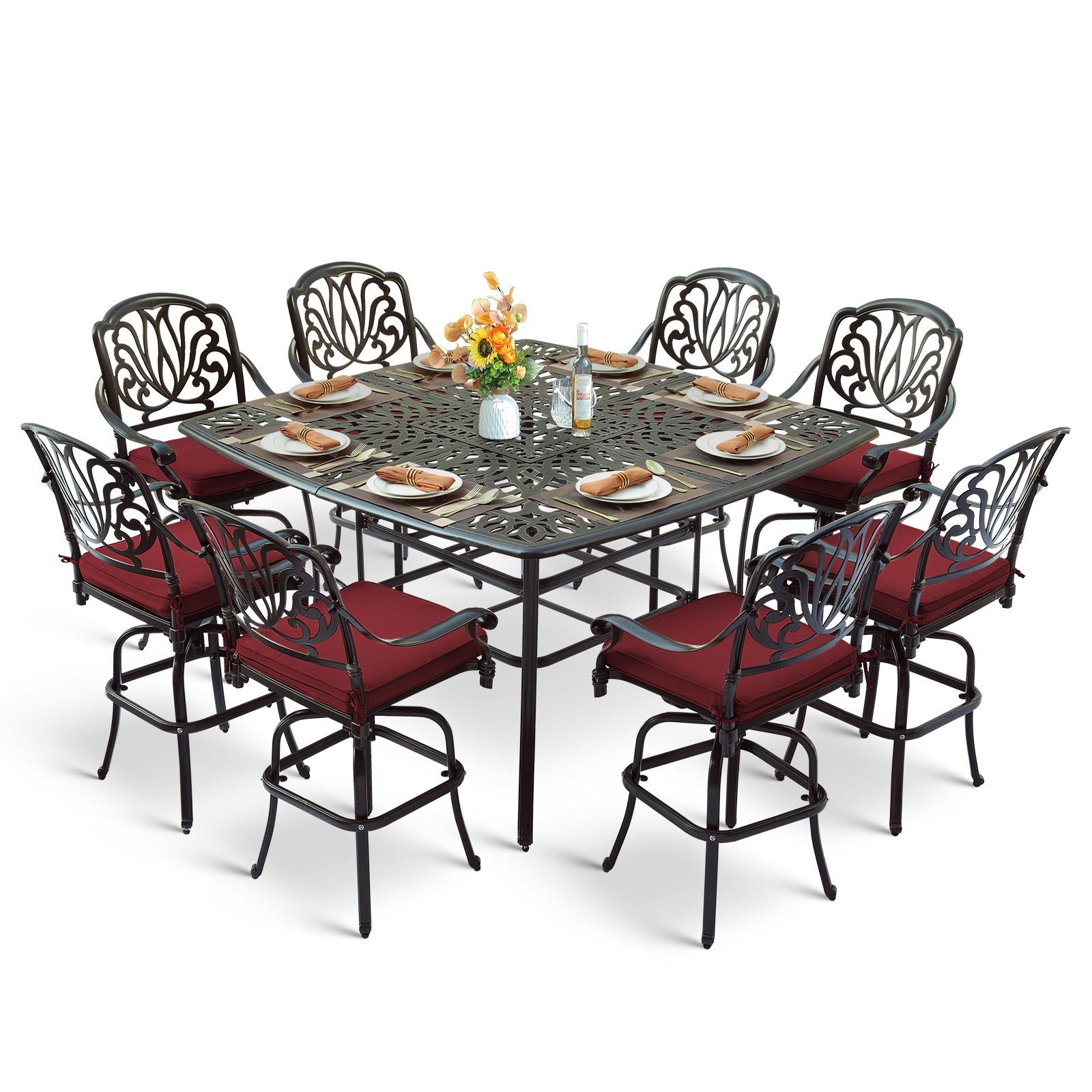 9 Pieces Outdoor Swivel Bar Set Patio High Top Bar Table and Stools Chairs Set