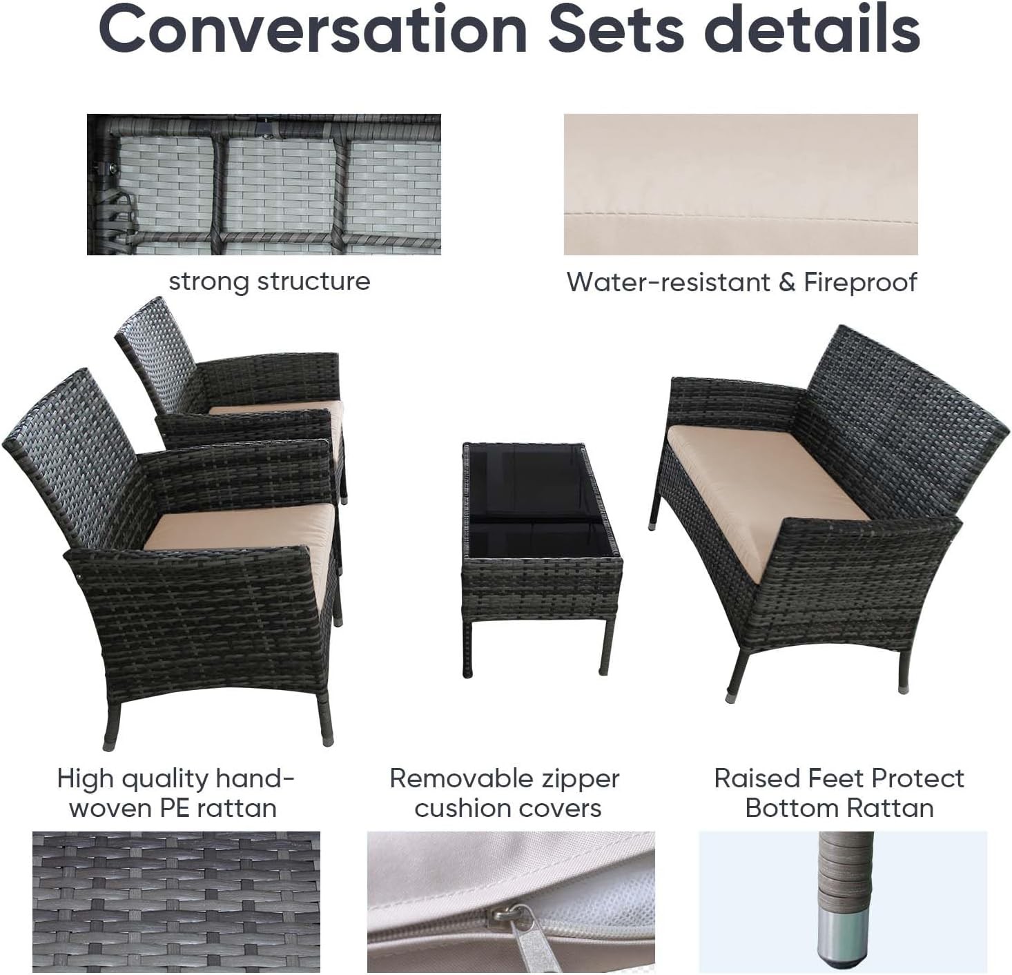 4PCS Wicker Patio Furniture Set | Patio Set with Rattan Chairs & Coffee Table