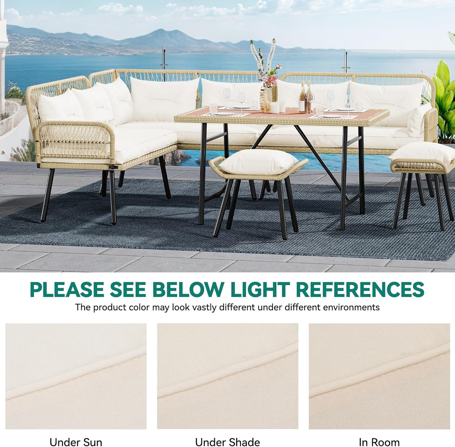 L-Shaped Wicker Patio Sofa Set with Cushions & Dining Table – Light Brown/Beige