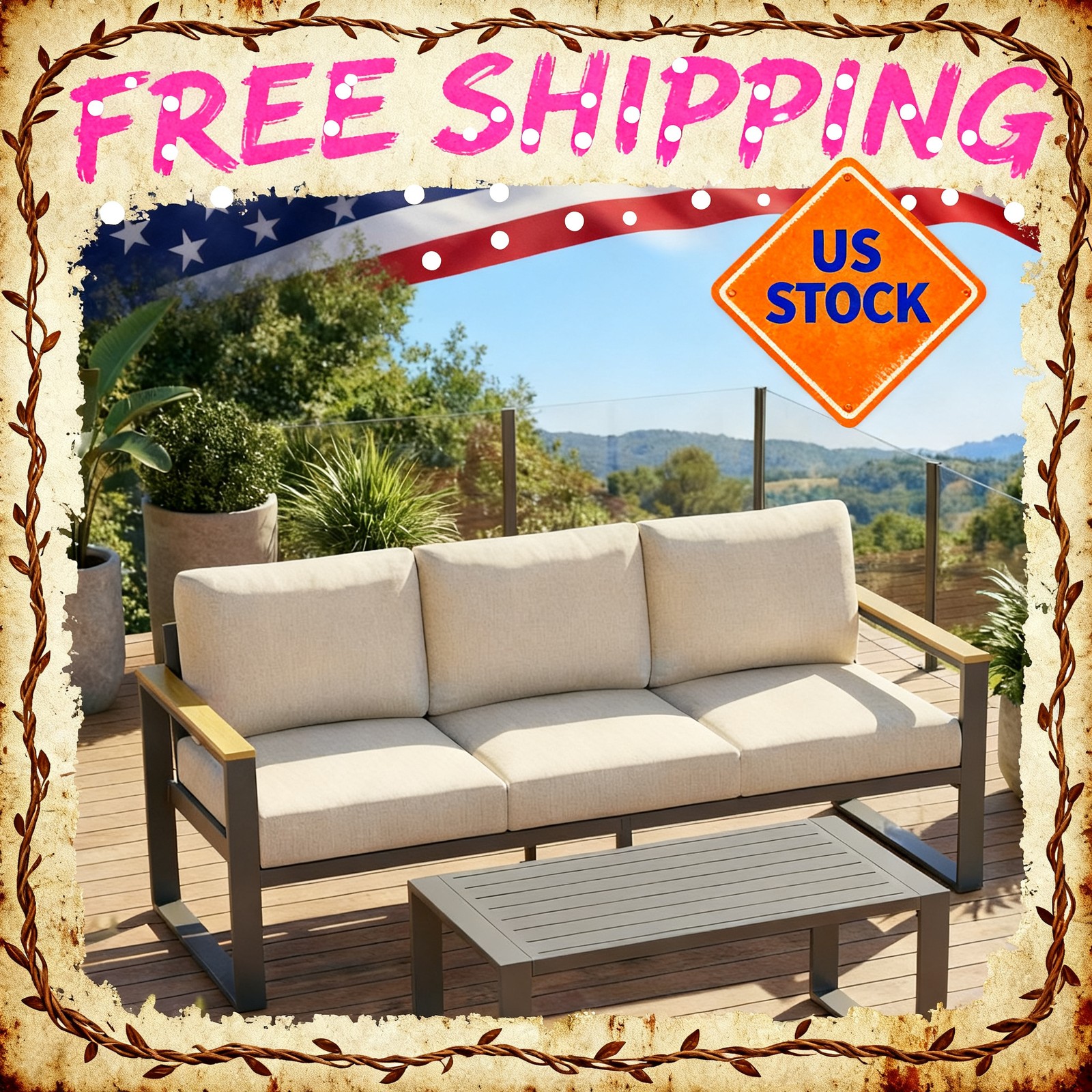 3-Seat Aluminum Sofa and Coffee Table, Aluminum Patio Patio Conversation Pcs 1