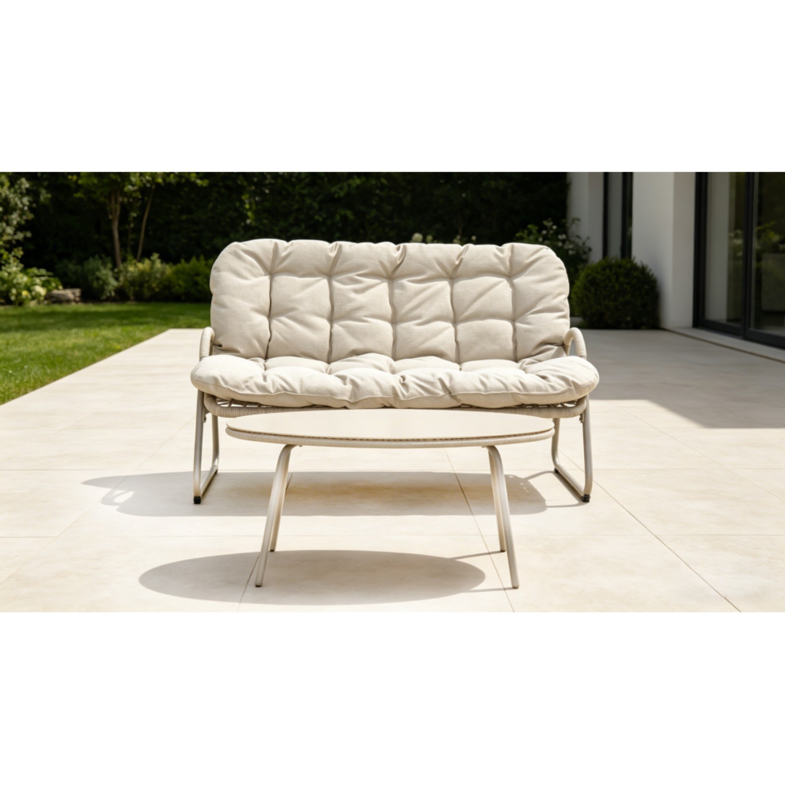 Modern Outdoor Loveseat Coffee Table Set 2 Piece Metal Frame Off White