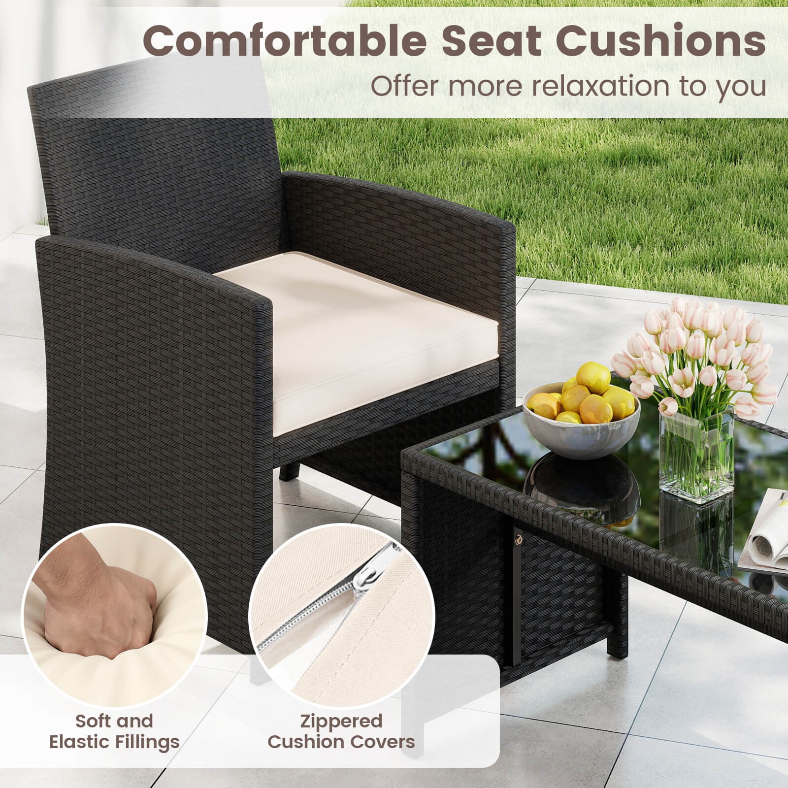 8 PCS Patio Conversation Set w/Seat Cushions & Tempered Glass Tabletop, Porch