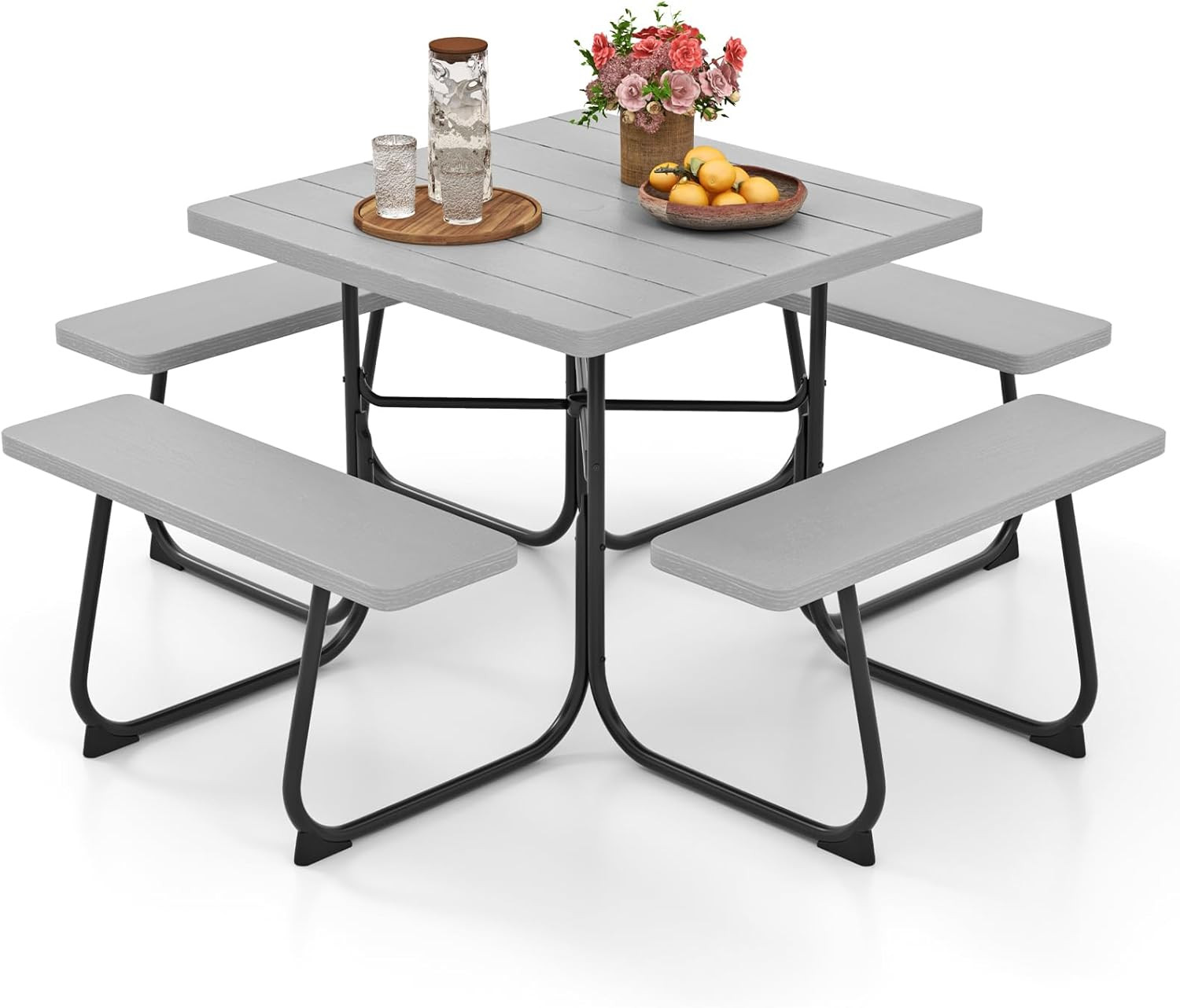 HAPPYGRILL 4-8 Person Square Picnic Table Bench Set with Umbrella Hole, Outdoor