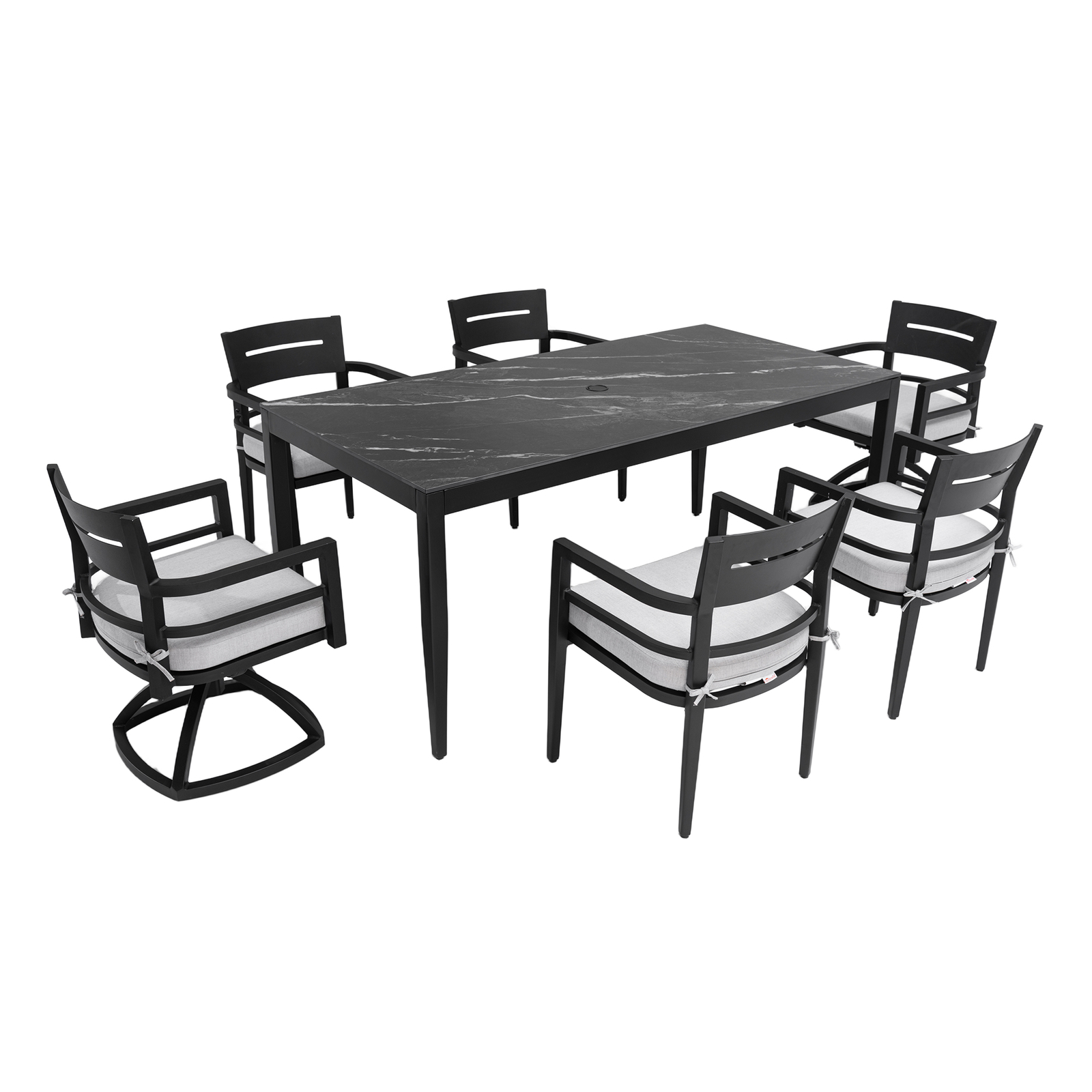 7 Pieces Patio Dining Set 71″ Table Sintered Stone Top 4 Chairs 2 Swivel Rockers