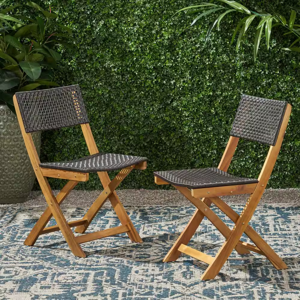 Folding Acacia Wood Outdoor Dining Chair in Brown (Set-2)