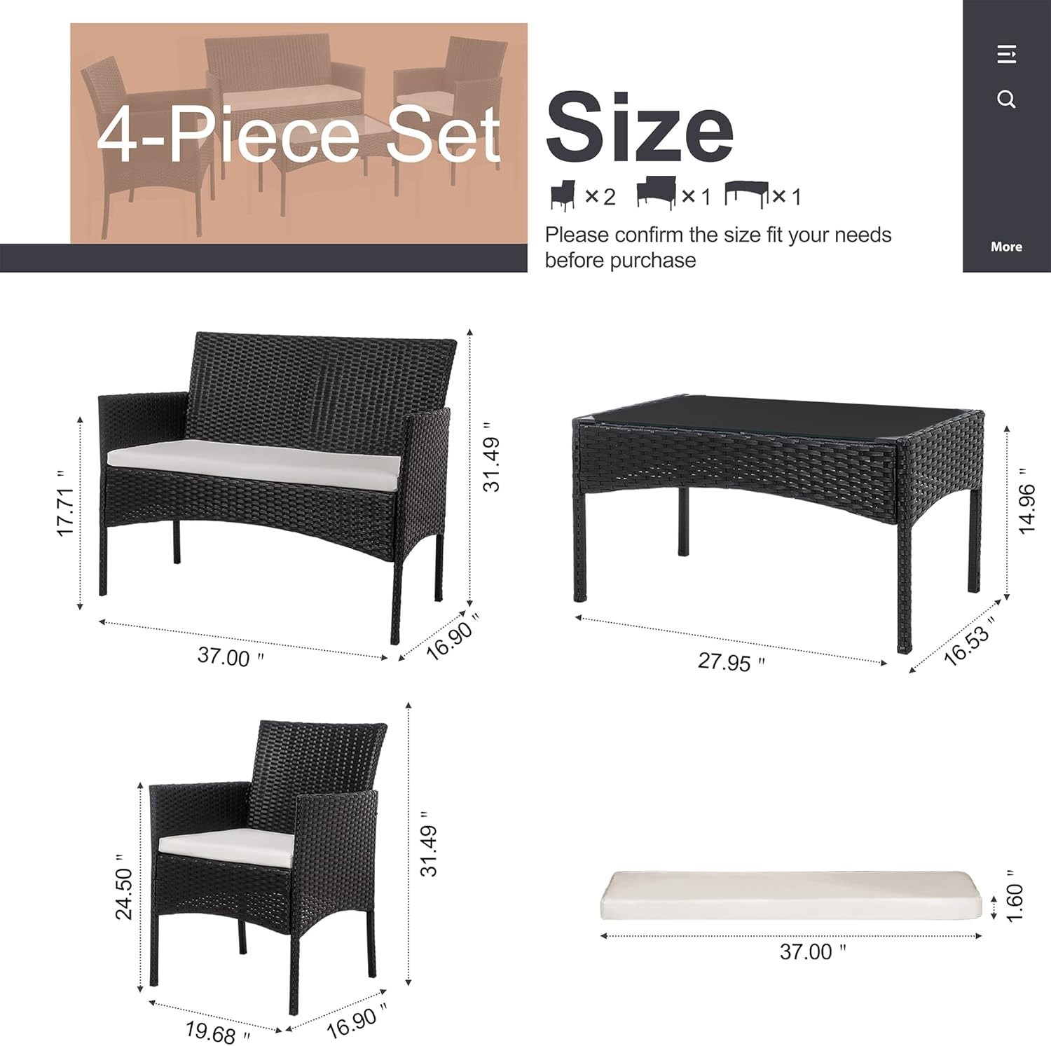 4 Piece Black Outdoor Patio Furniture Set Outdoor Porch With Cushions Clearance