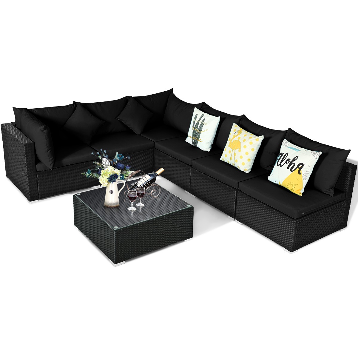 7PCS Patio Rattan Sofa Set Sectional Conversation Furniture Set Garden Black