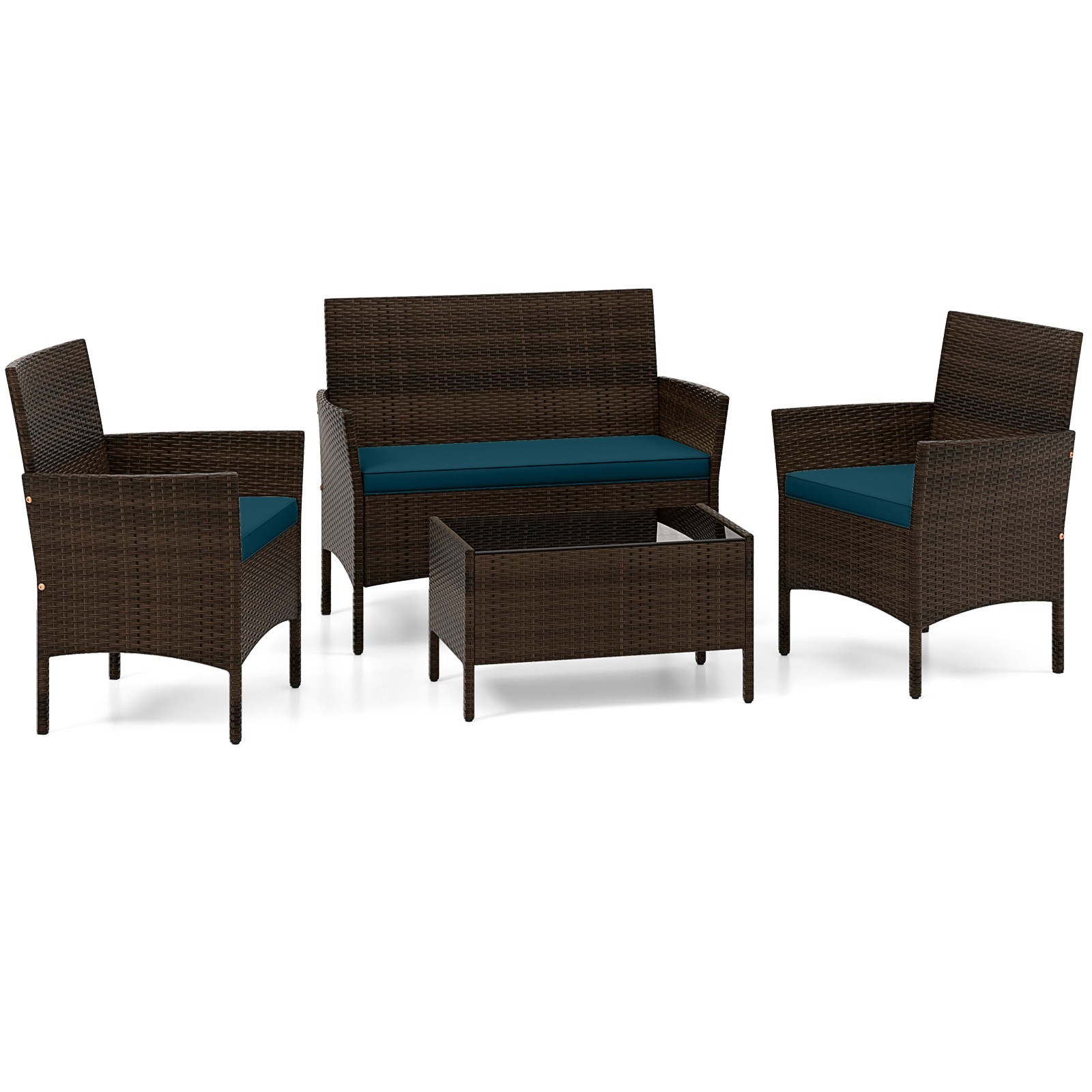 4 Piece Patio Rattan Conversation Set Cozy Cushions Peacock Blue Outdoor Sofa