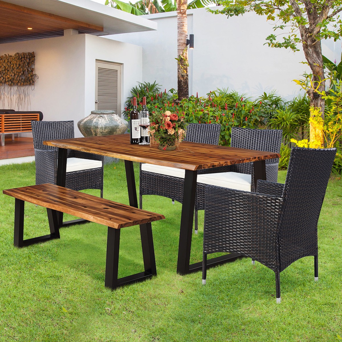 6 Piece Acacia Wood Dining Set w/4 Wicker Stacking Chair Outdoor Patio