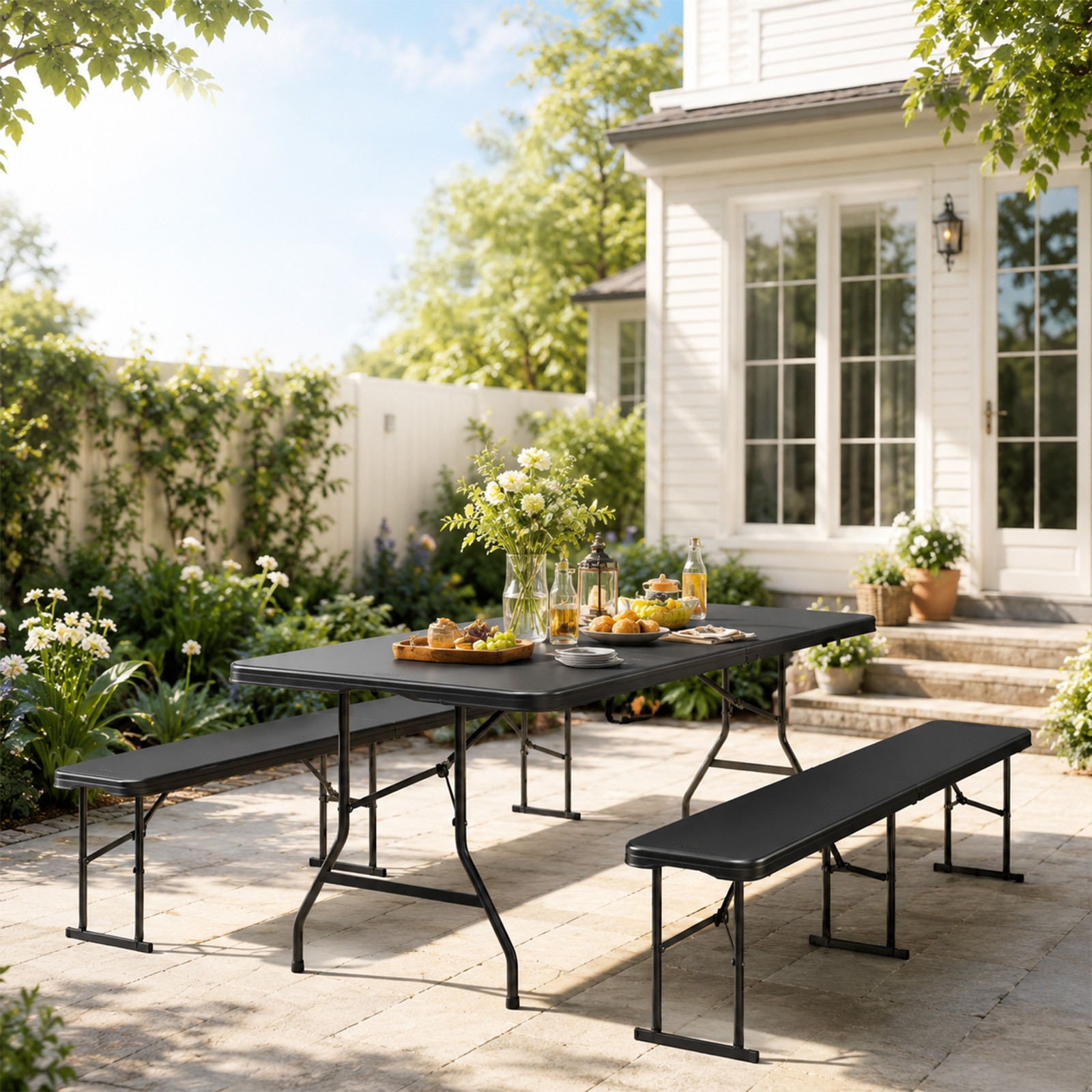 Set of 3 Folding Picnic Table 6FT with Benches, Table, Handle for Outdoor
