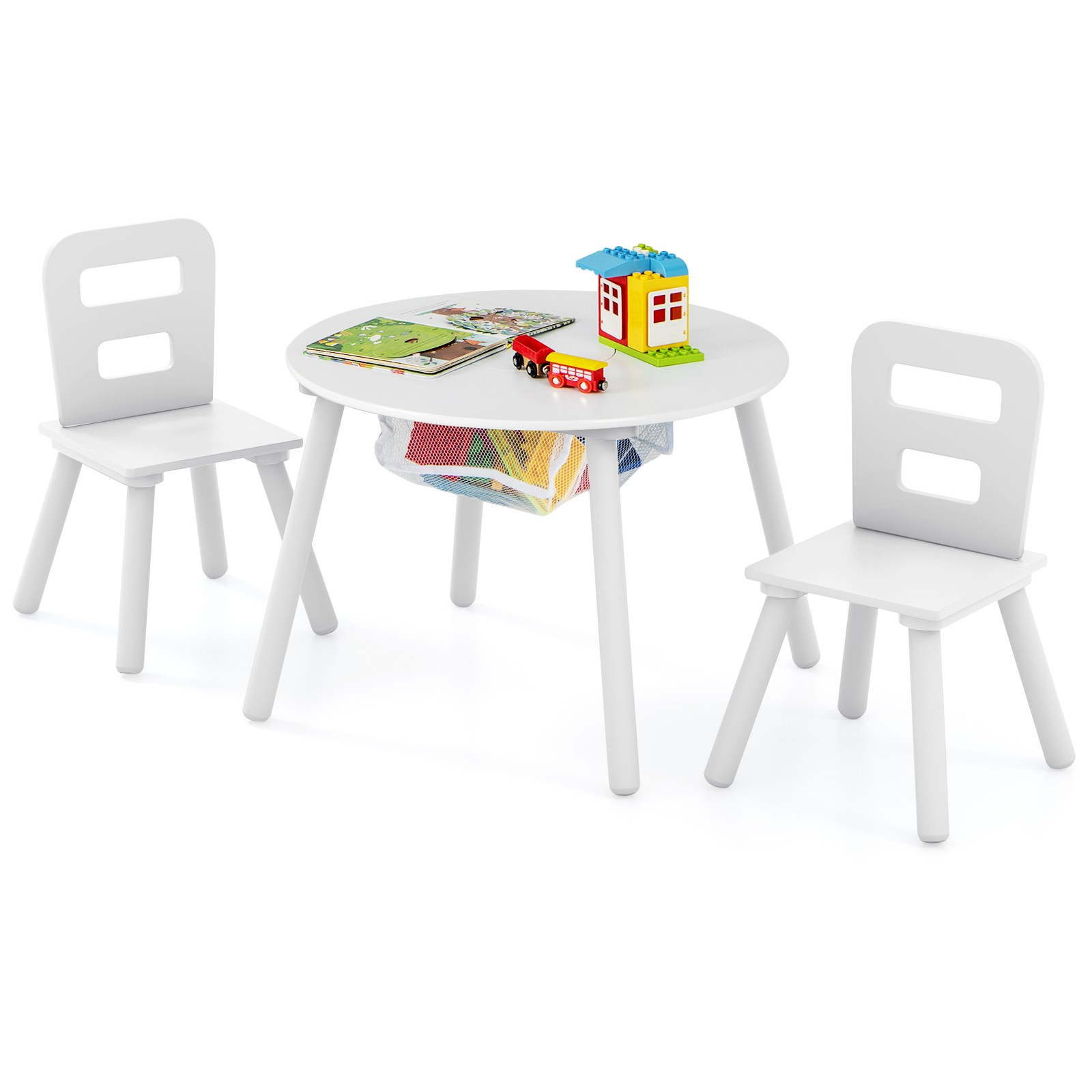 Kids Wooden Round Table & 2 Chair Set w/ Center Mesh Storage White