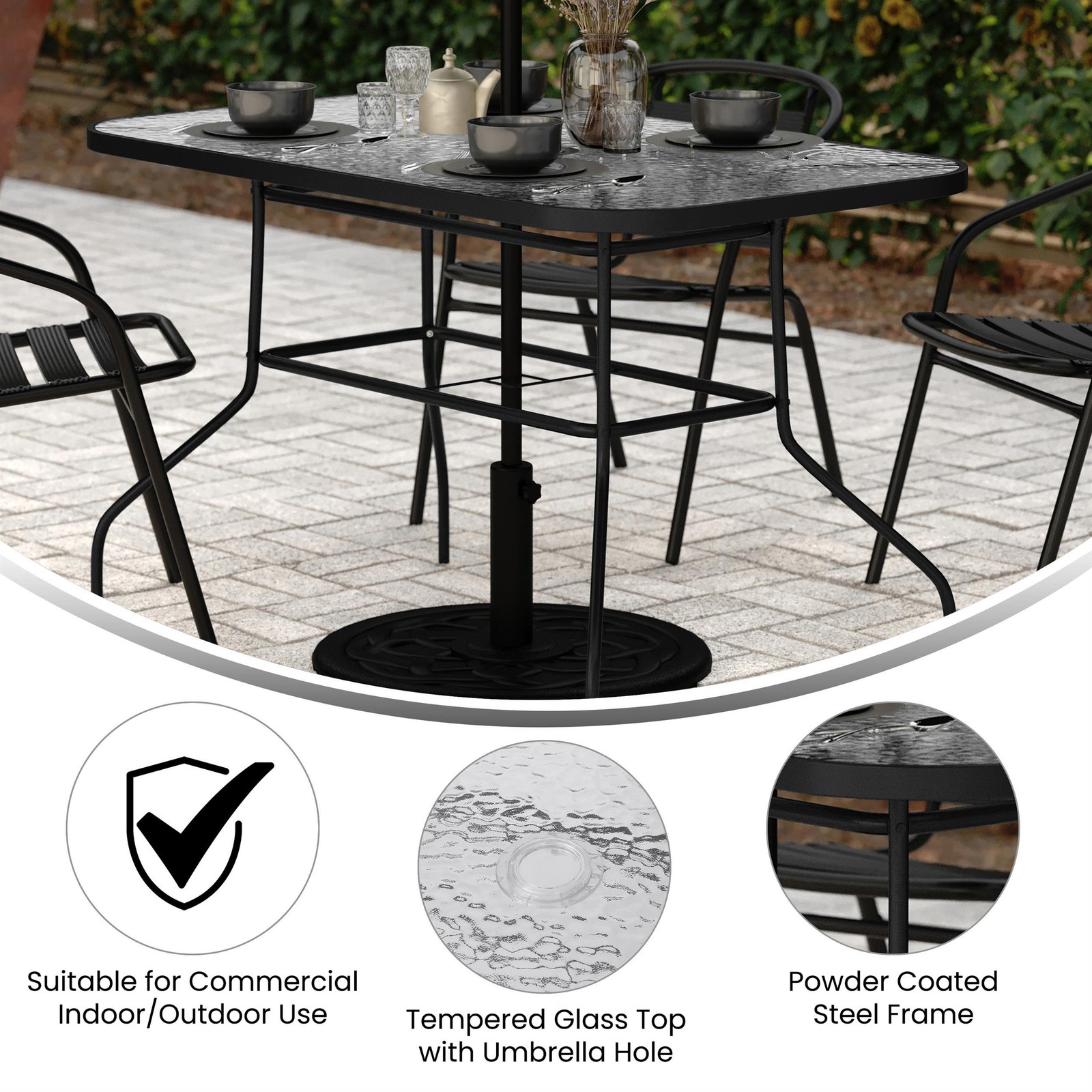 Commercial 47.25×27.5 Tempered Glass and Steel Patio Table – Umbrella Hole-Black