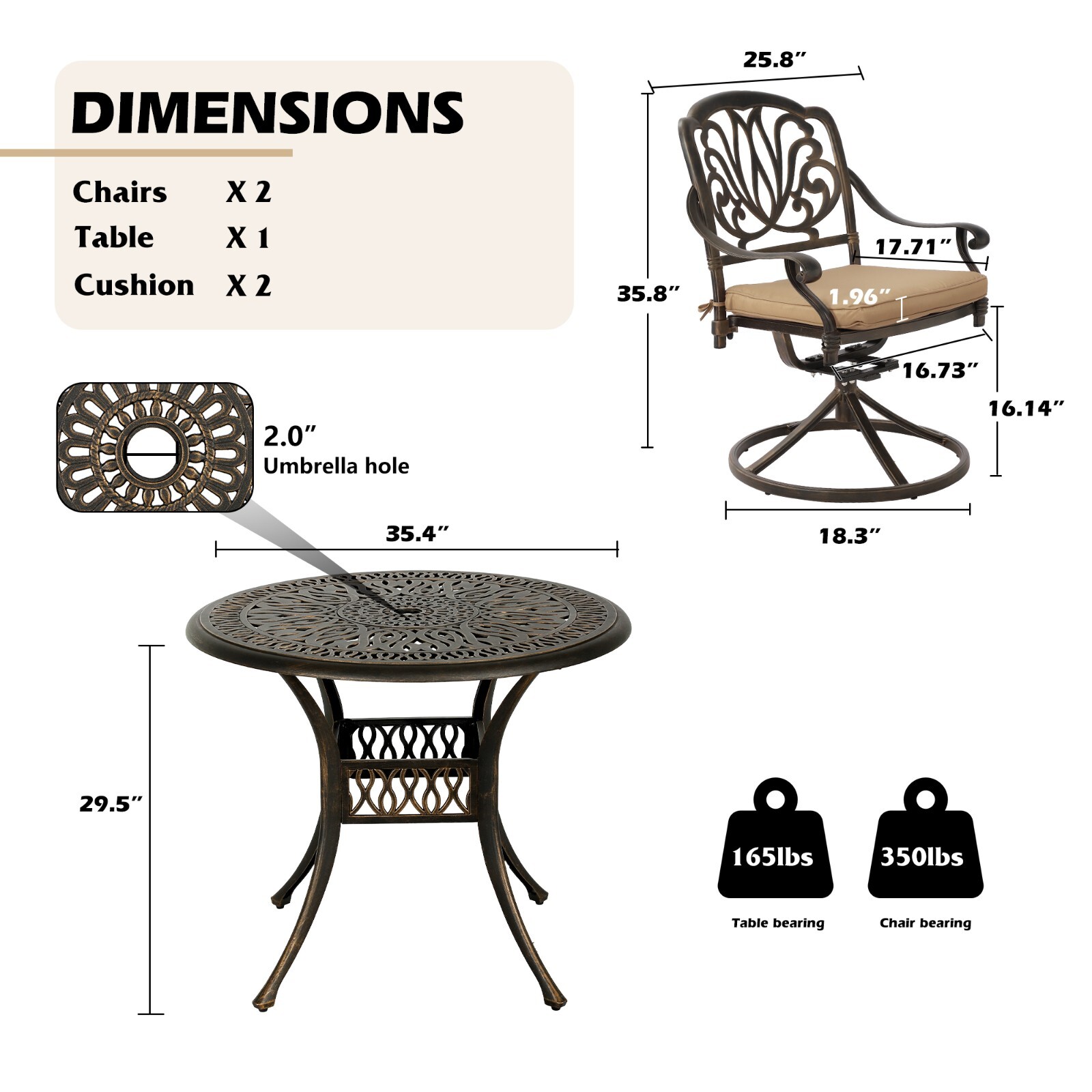 Outdoor 35.4″ Round Table with Umbrella Hole and 2 Chairs Furniture Set