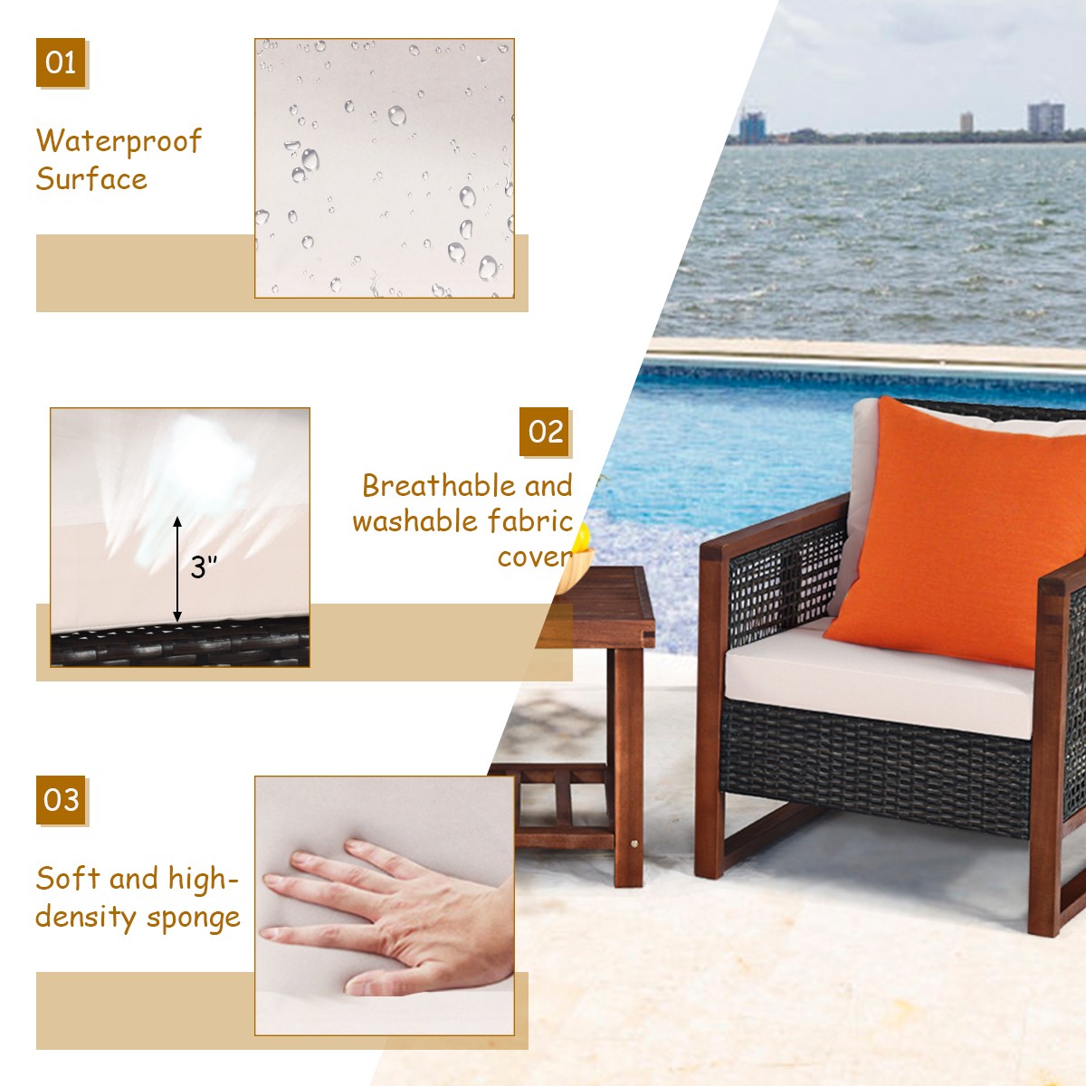Patio 3PCS Rattan Furniture Set Solid Wood Frame Cushion Sofa Square Table Beige
