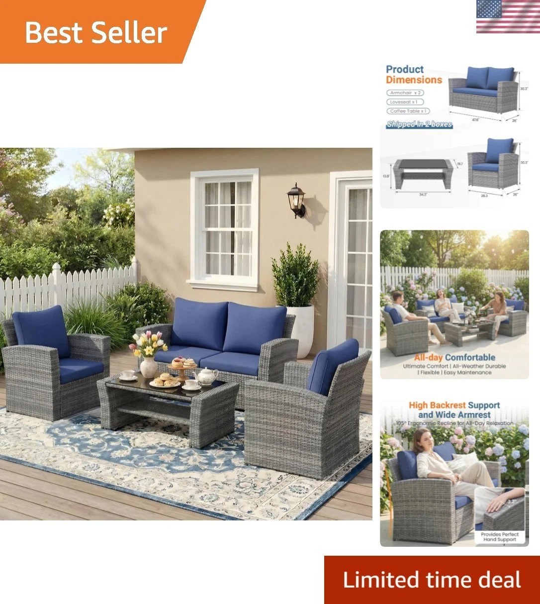 All-Weather Navy Blue Wicker Outdoor Lounge Set with Double Layer Storage Table