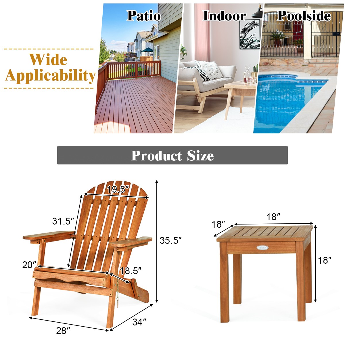 3 Pieces Patio Wooden Adirondack Chair Table Set Folding Seat Furniture Outdoor