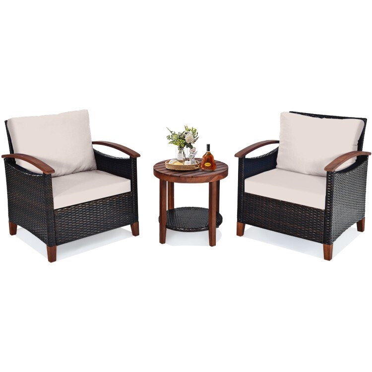 3PCS Patio Outdoor Garden Furniture Rattan Sofa Set With 2-Tier Coffee Table