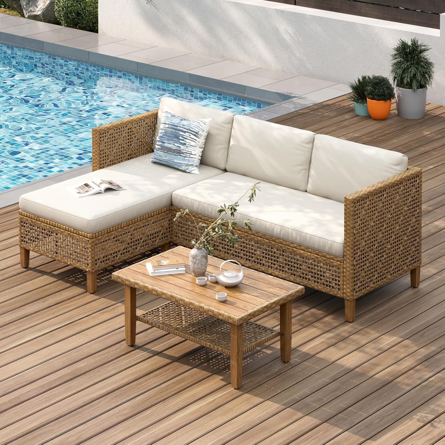 Outdoor Sectional Couch Wicker Patio Furniture Set W/ Acacia Wood Coffee Table