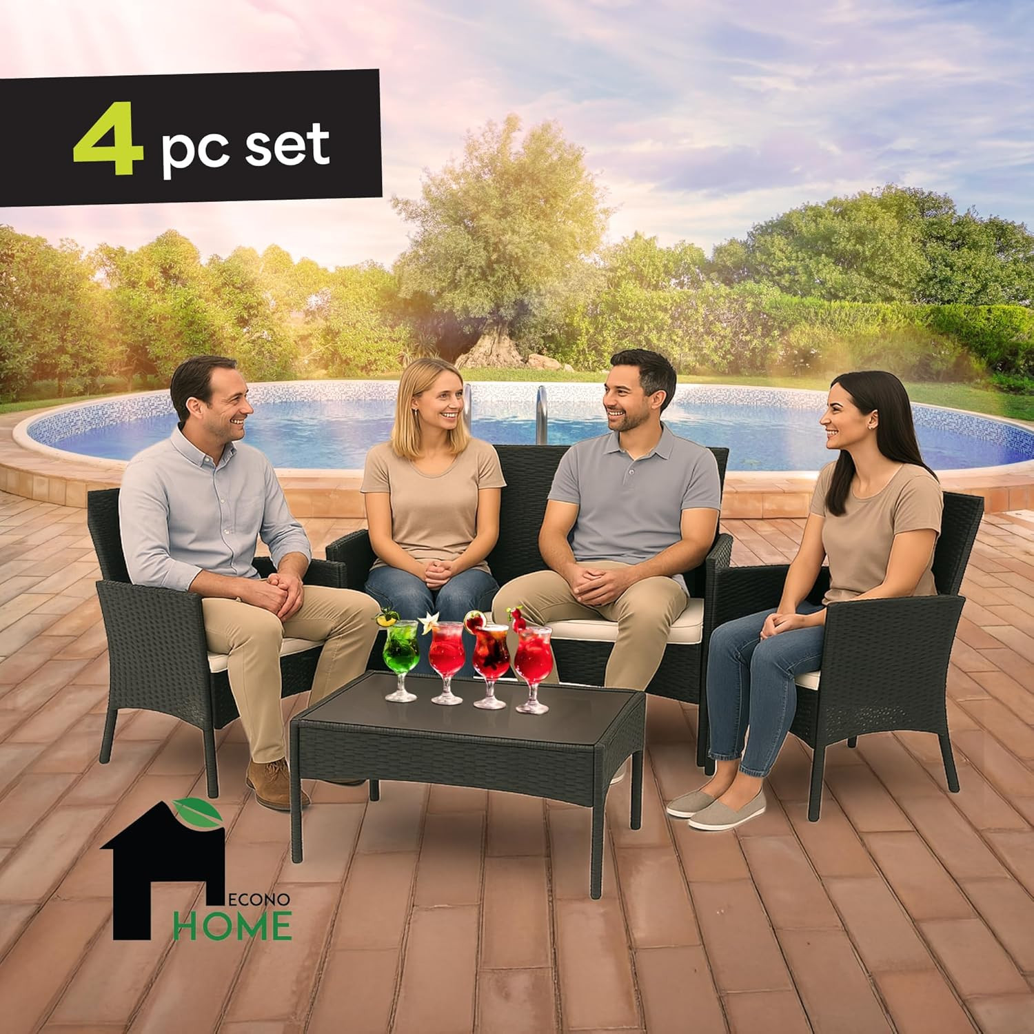 4-Piece Outdoor Patio Furniture Set – Patio Set with 2 Rattan Chairs, 1 Loveseat
