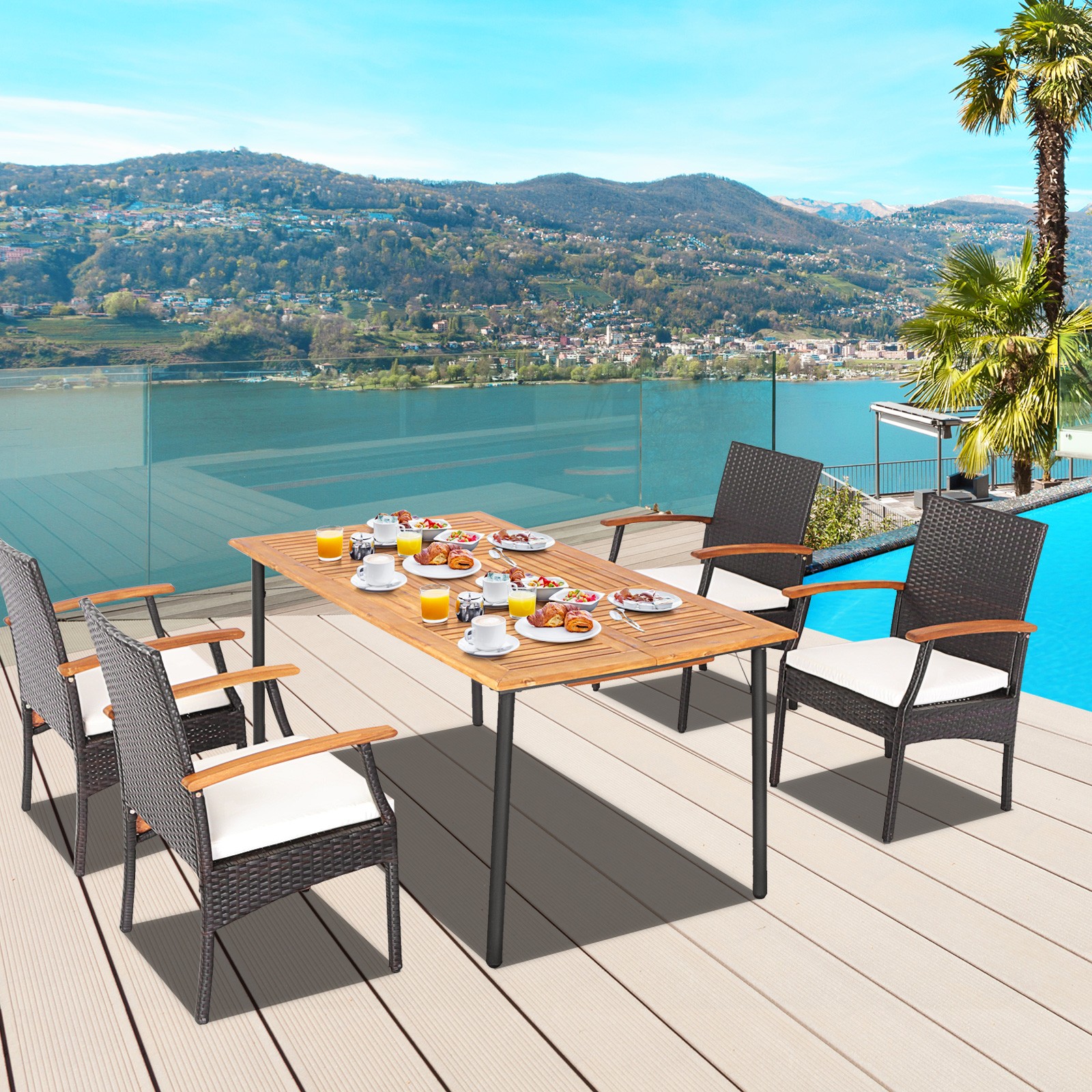 5PCS Patio Wicker Dining Set Cushion Acacia Wood Armchairs Table W/Umbrella Hole