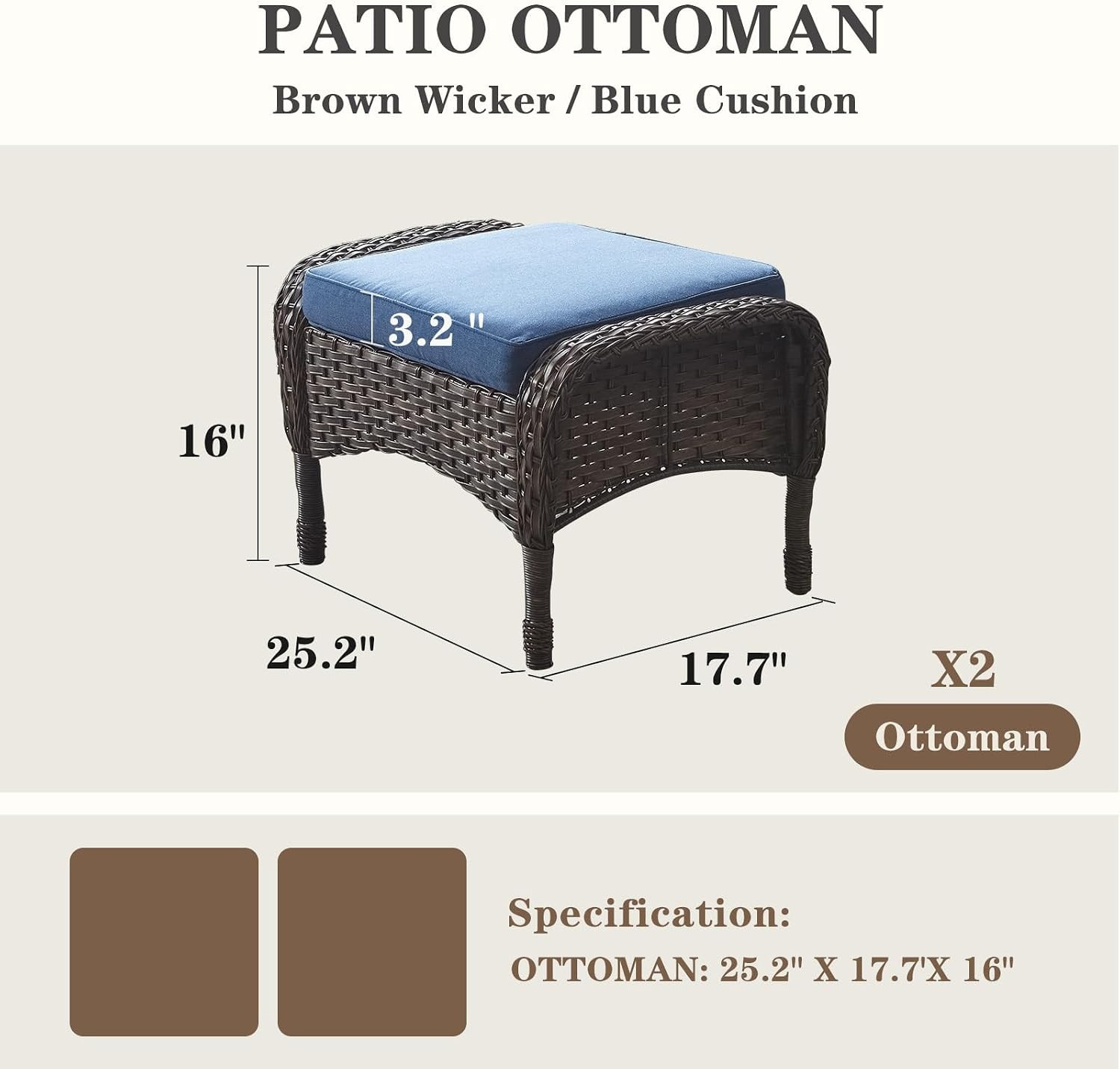 Outdoor Ottomans for Patio Foot Rest – 25 Inch PE Wicker Foot Stool Set of 2 wit