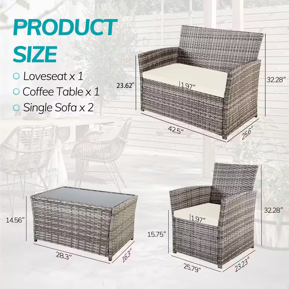 Gray 4-Piece Wicker Outdoor Patio Conversation Furniture Sofa Set with Beige Cus