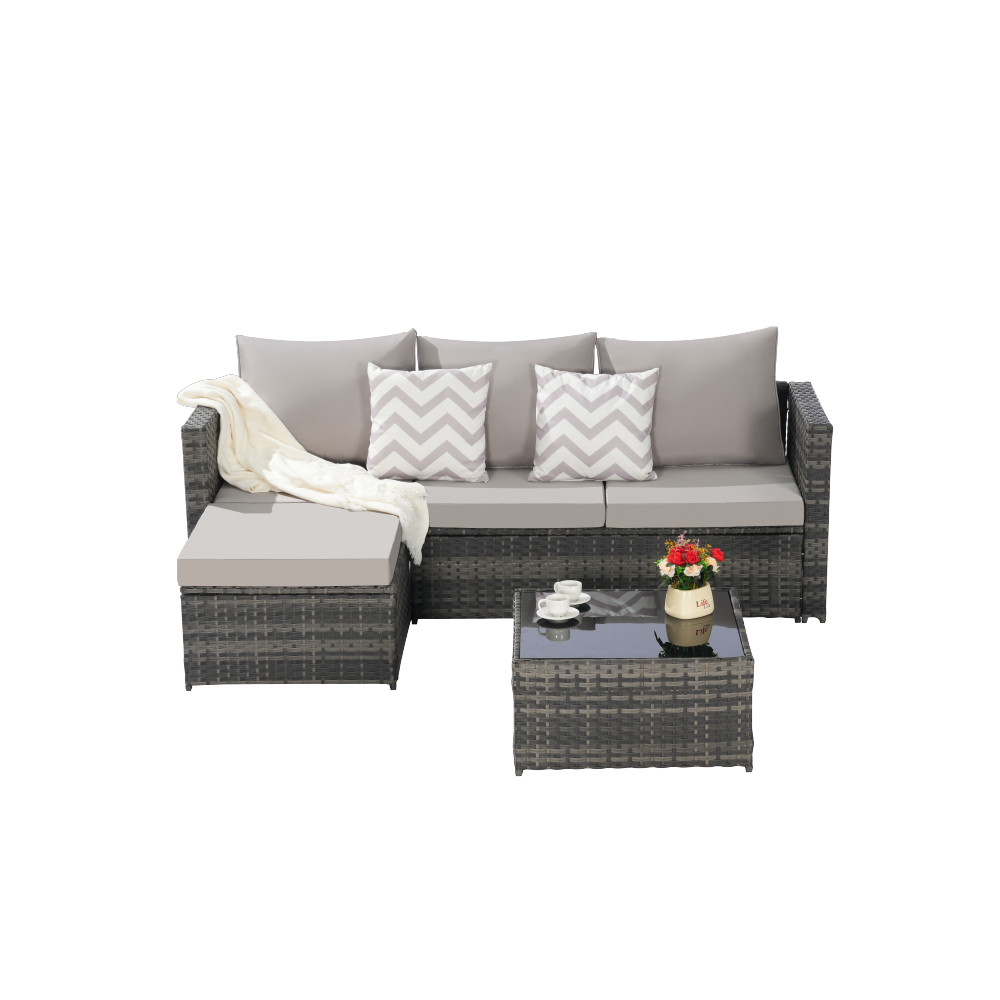 Outdoor Wicker Sectional Sofa Set with Ottoman, Light Gray, Seats 4