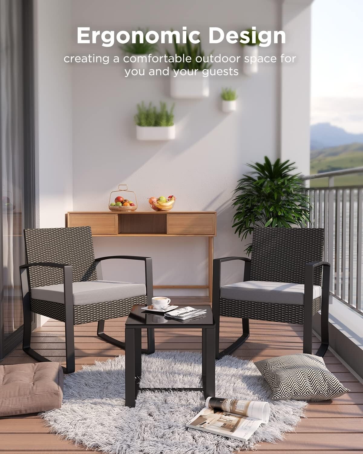 Grey Qsun 3 Piece Rattan Ergonomic Rocking Bistro Furniture Set with Table