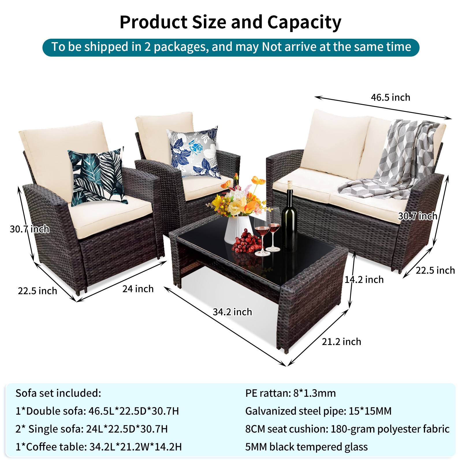 4PC Patio Furniture Set Outdoor Sectional Sofa W/Coffee Table & Cushion For Yard