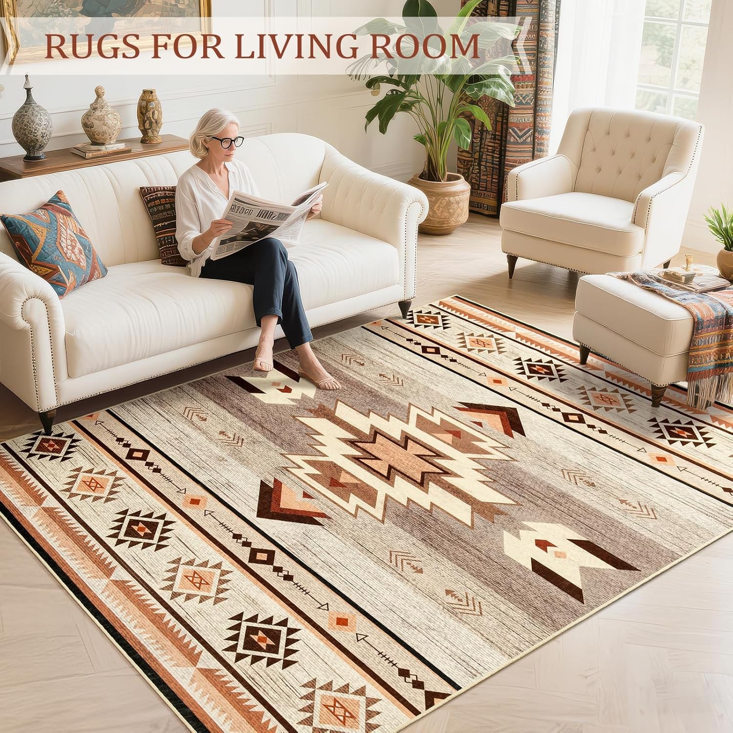 Western Rugs for Living Room, Non Slip Rustic Rug for Bedroom Dining Table