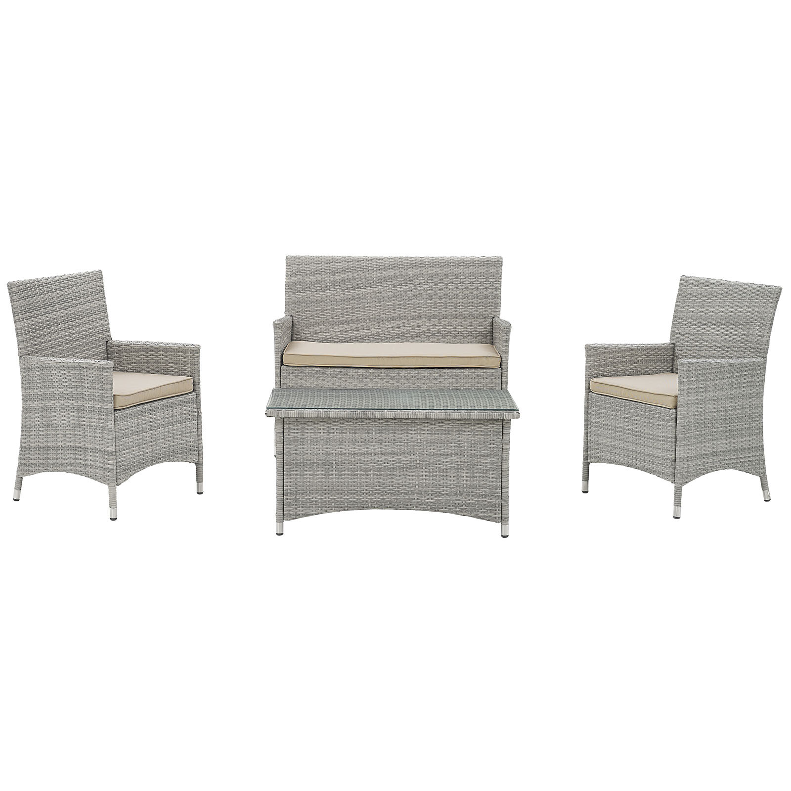 4PC Outdoor Patio Cushioned Wicker Rattan Conversation Set in Light Gray Beige