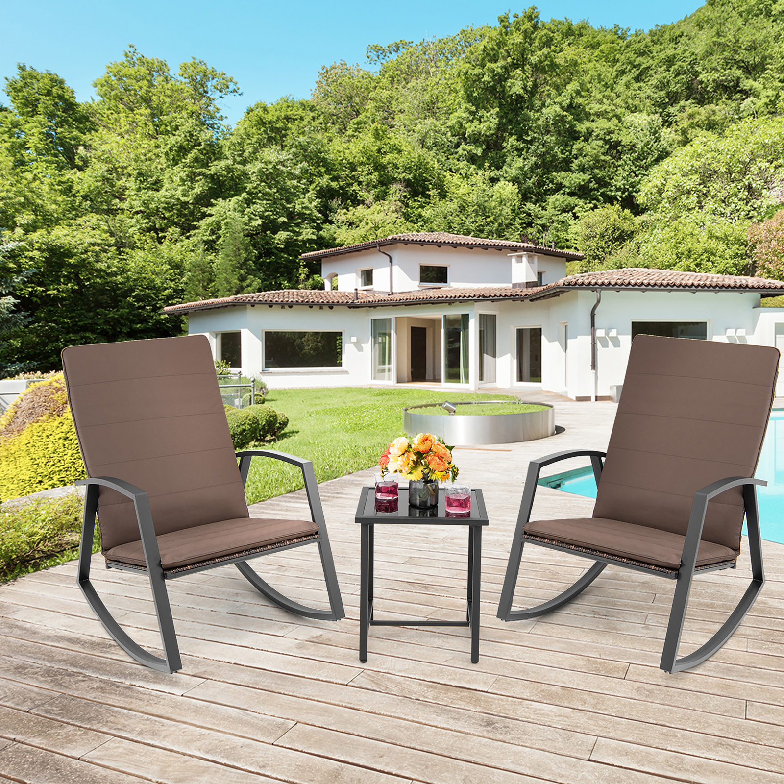 3PCS Rattan Bistro Rocking Chair Set Patio Furniture Set w/ Brown Cushions