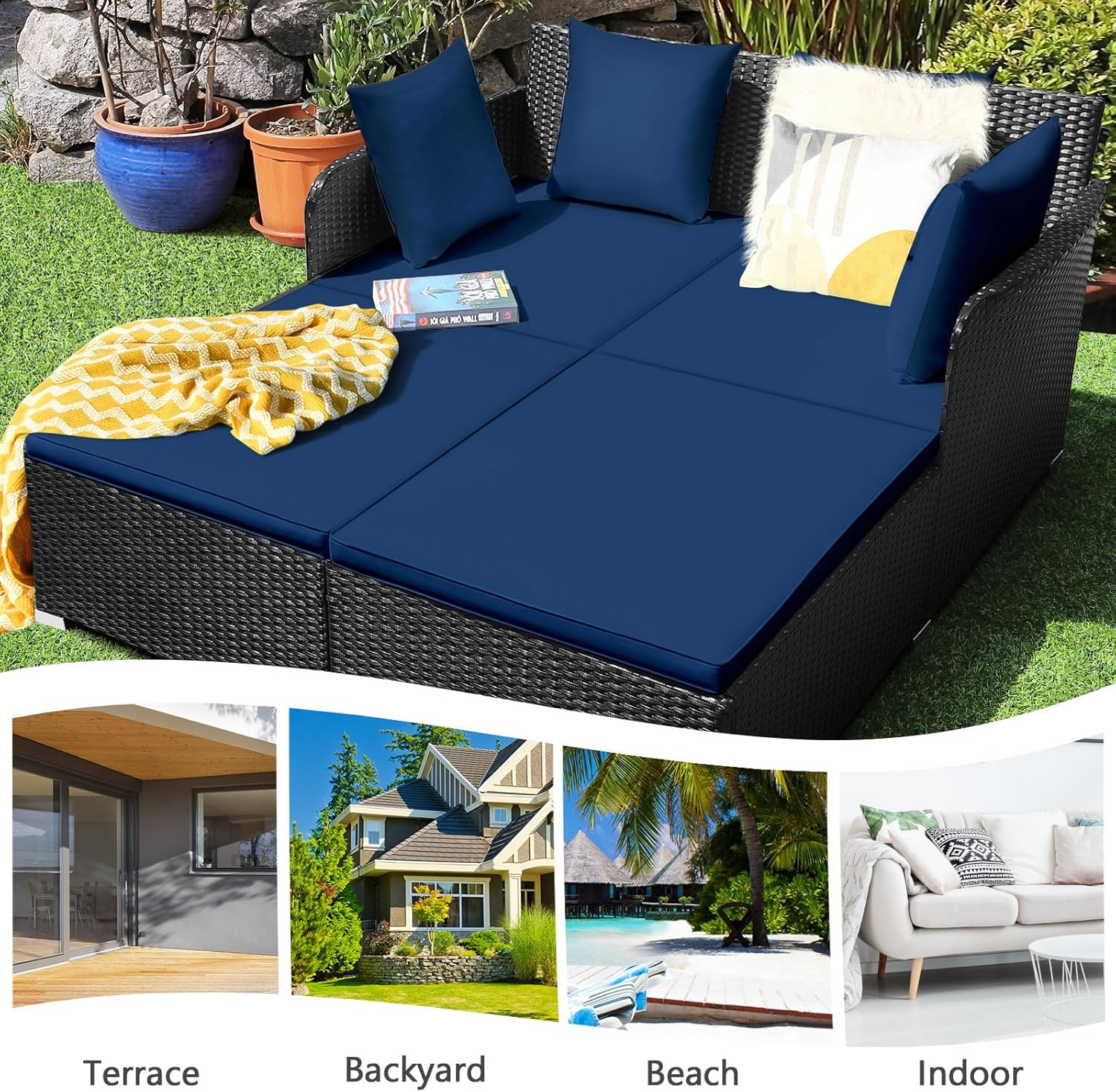 Navy Blue Rattan Outdoor Daybed with Cushions & Pillows for Relaxation