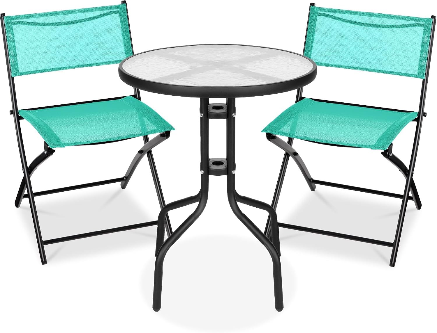 3-Piece Patio Bistro Dining Furniture Set w/Textured Glass Tabletop 2 Steel