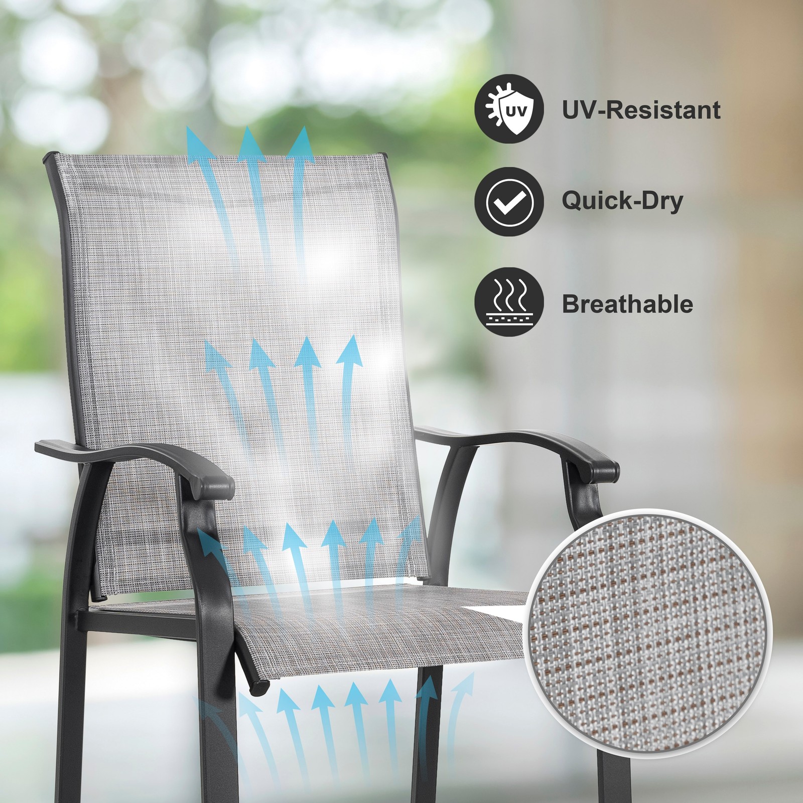 Nuu Garden Outdoor 3-Piece Textilene Bar Set, Height Back Bar Stools and Hole,