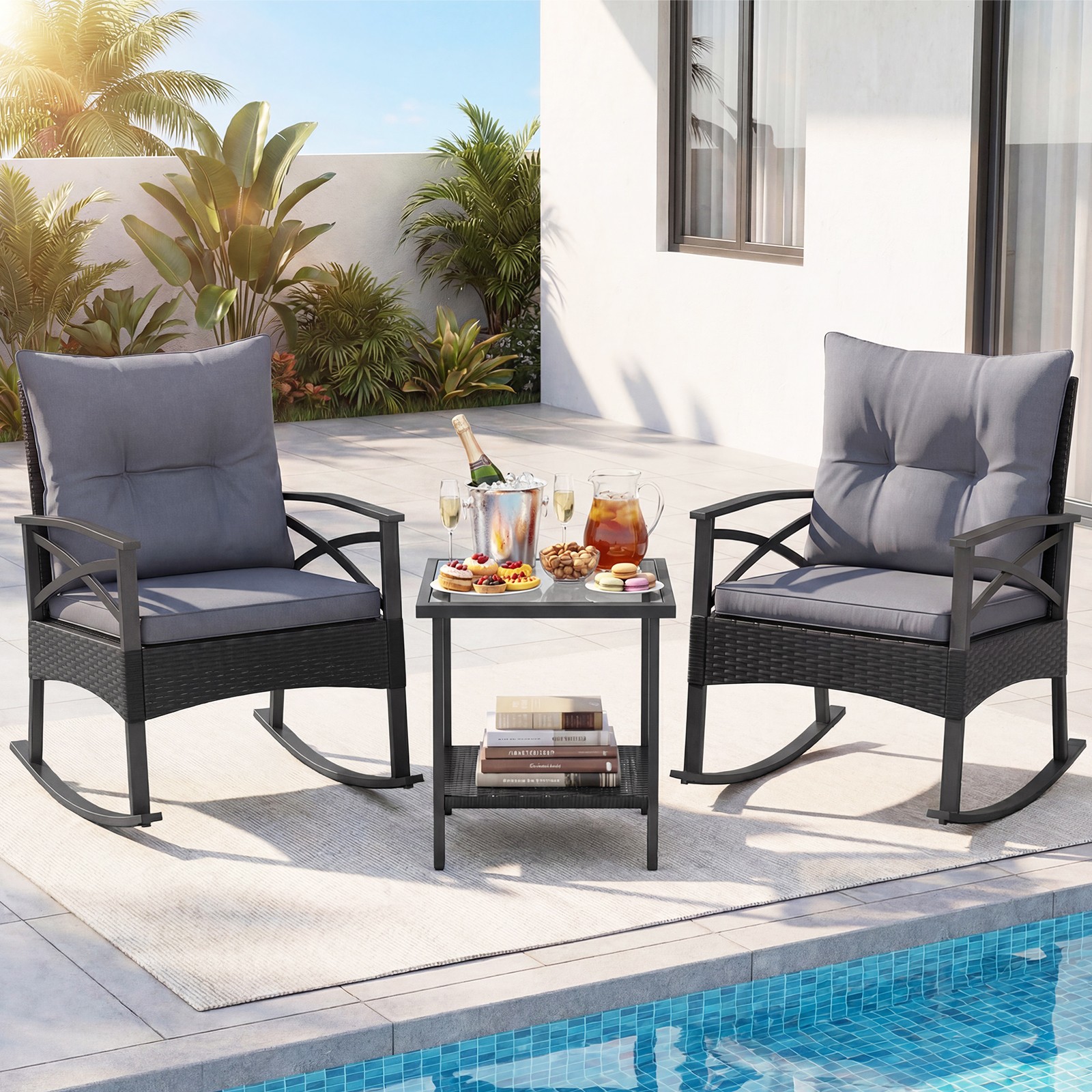 3-Piece Rattan Rocking Bistro Set w/Tempered Glass Tabletop & Cushions for Porch