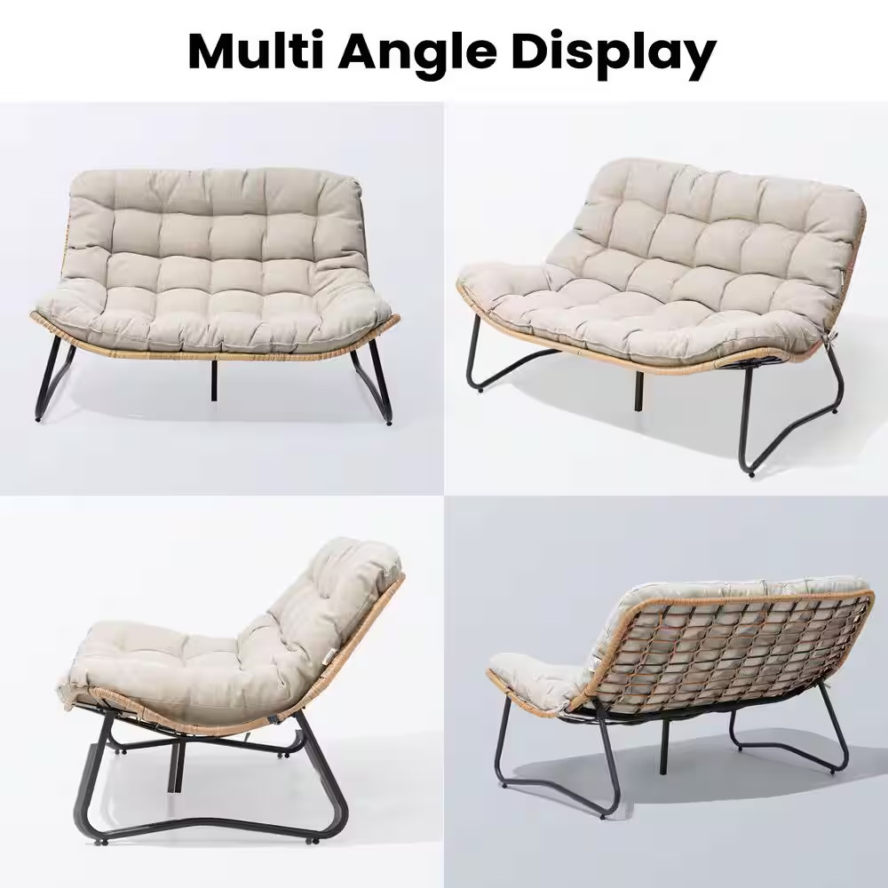 1-Piece Metal Frame Brown Faux Rattan Wicker Outdoor Loveseat with Beige Cushion