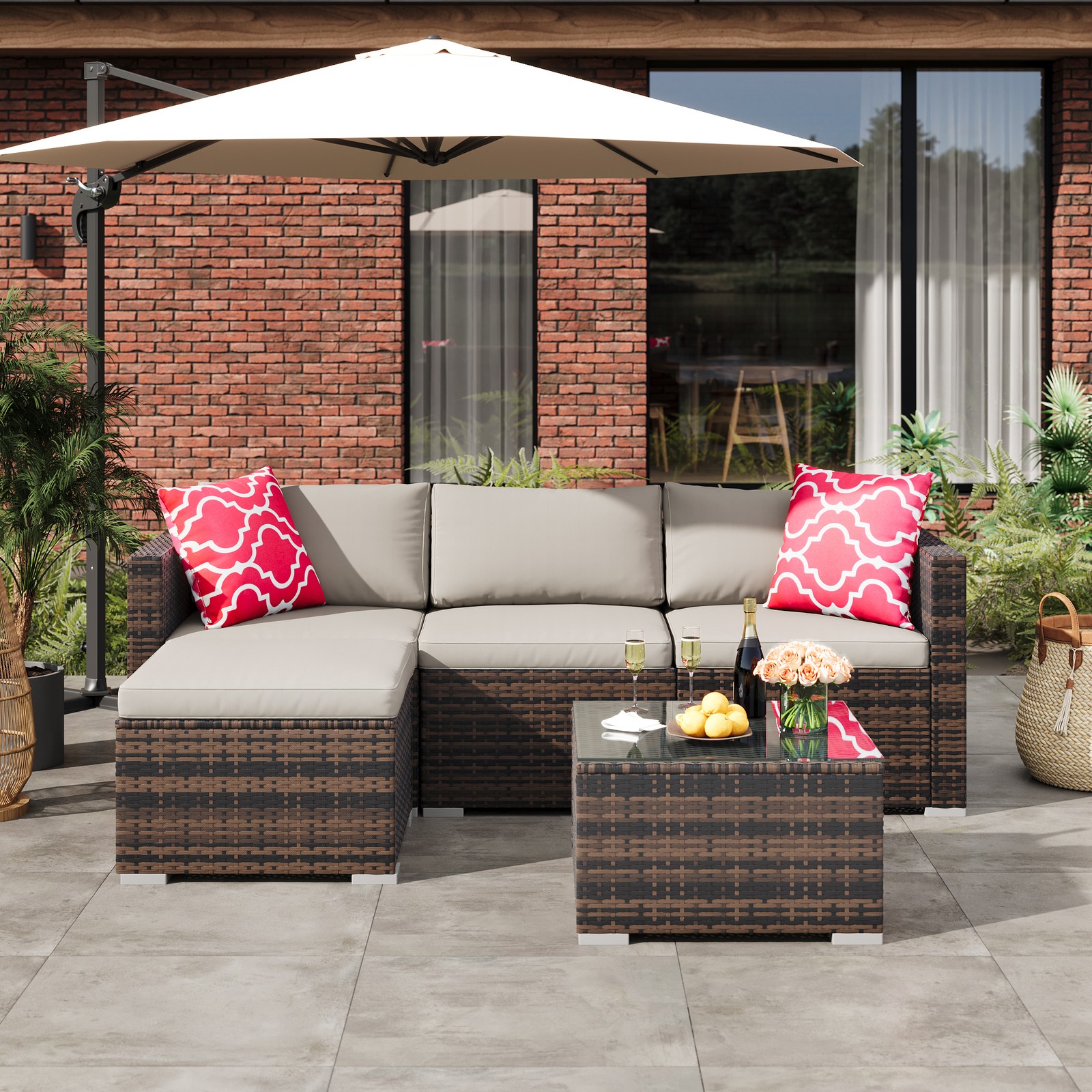 Garvee 5-Piece Outdoor Rattan Sectional Sofa w/ Storage Table & Ottoman Grey