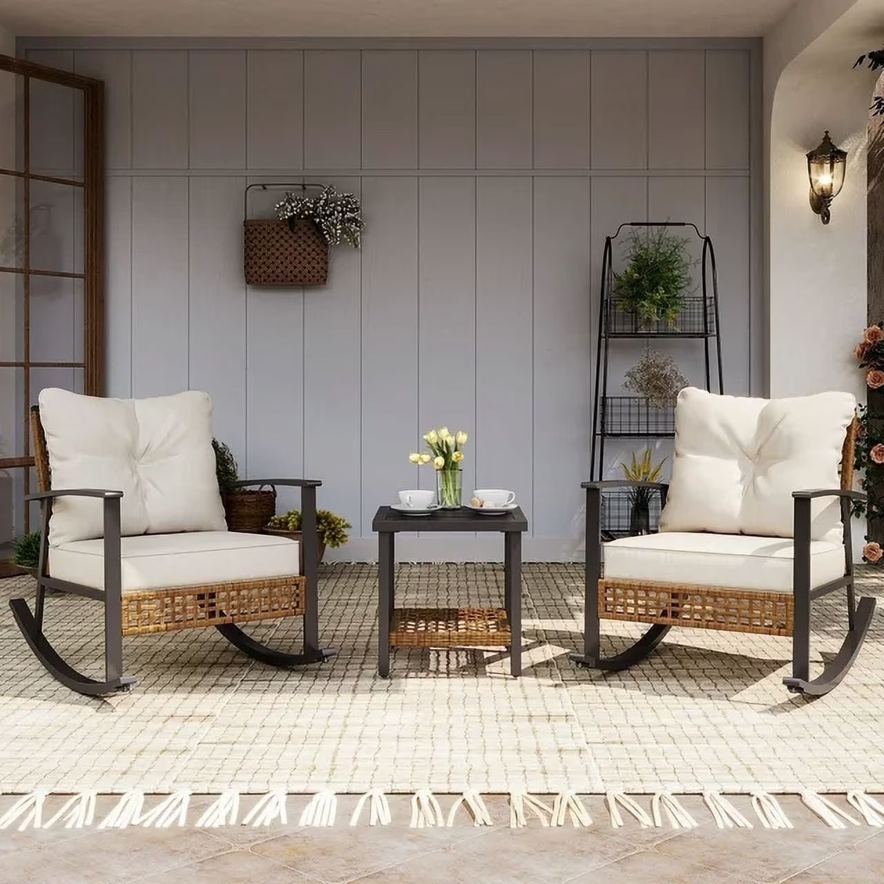 LAUSAINT HOME 3PC Patio Conversation Set Wicker Rocking Chairs 2-Tier Table Beig