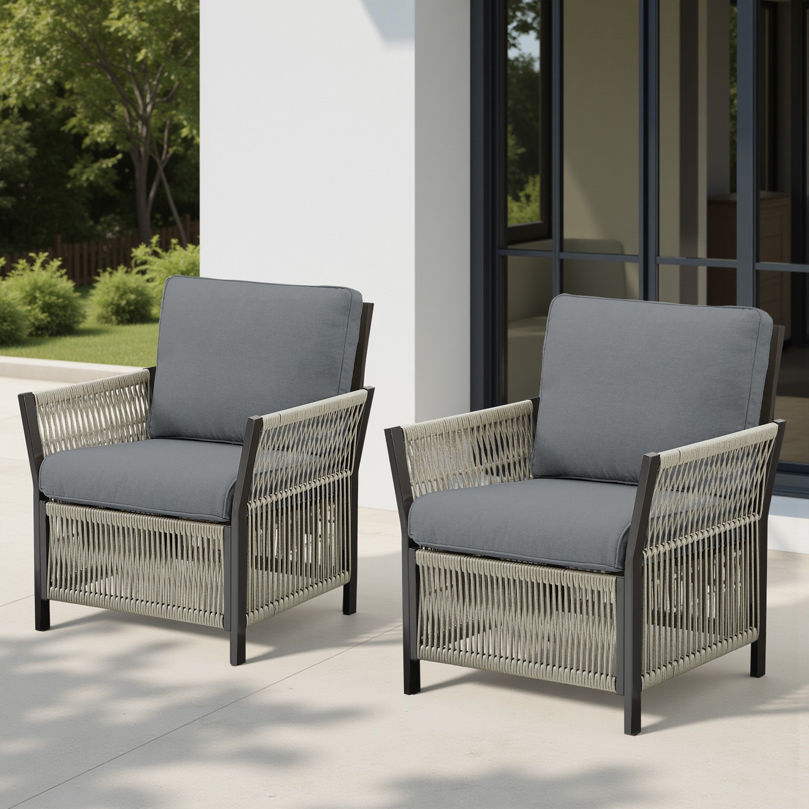 Patio Arm Chairs Set of 2, Gray Wicker Lounge Chairs with Cushions