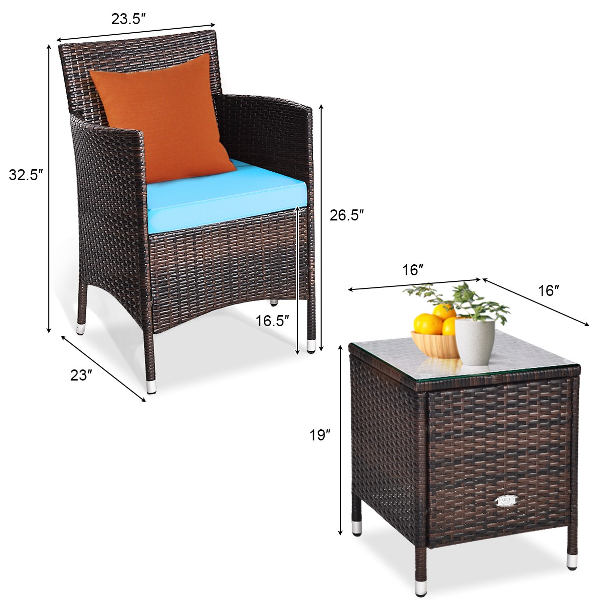 Outdoor 3 PCS Rattan Wicker Furniture Set with 2 Chairs Coffee Table Turquoise