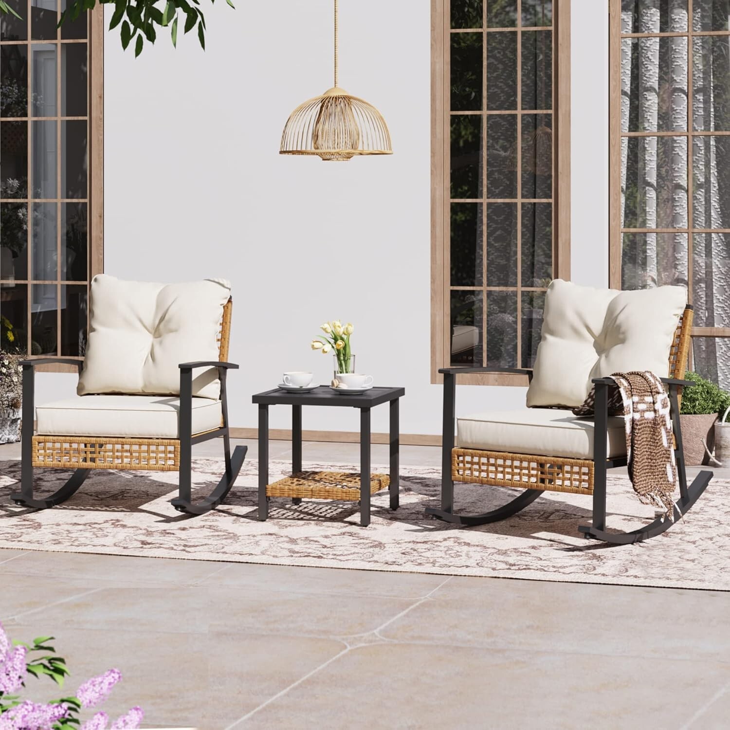 LAUSAINT HOME 3 Pieces Patio Conversation Set with 2-Tier Coffee Table, Beige