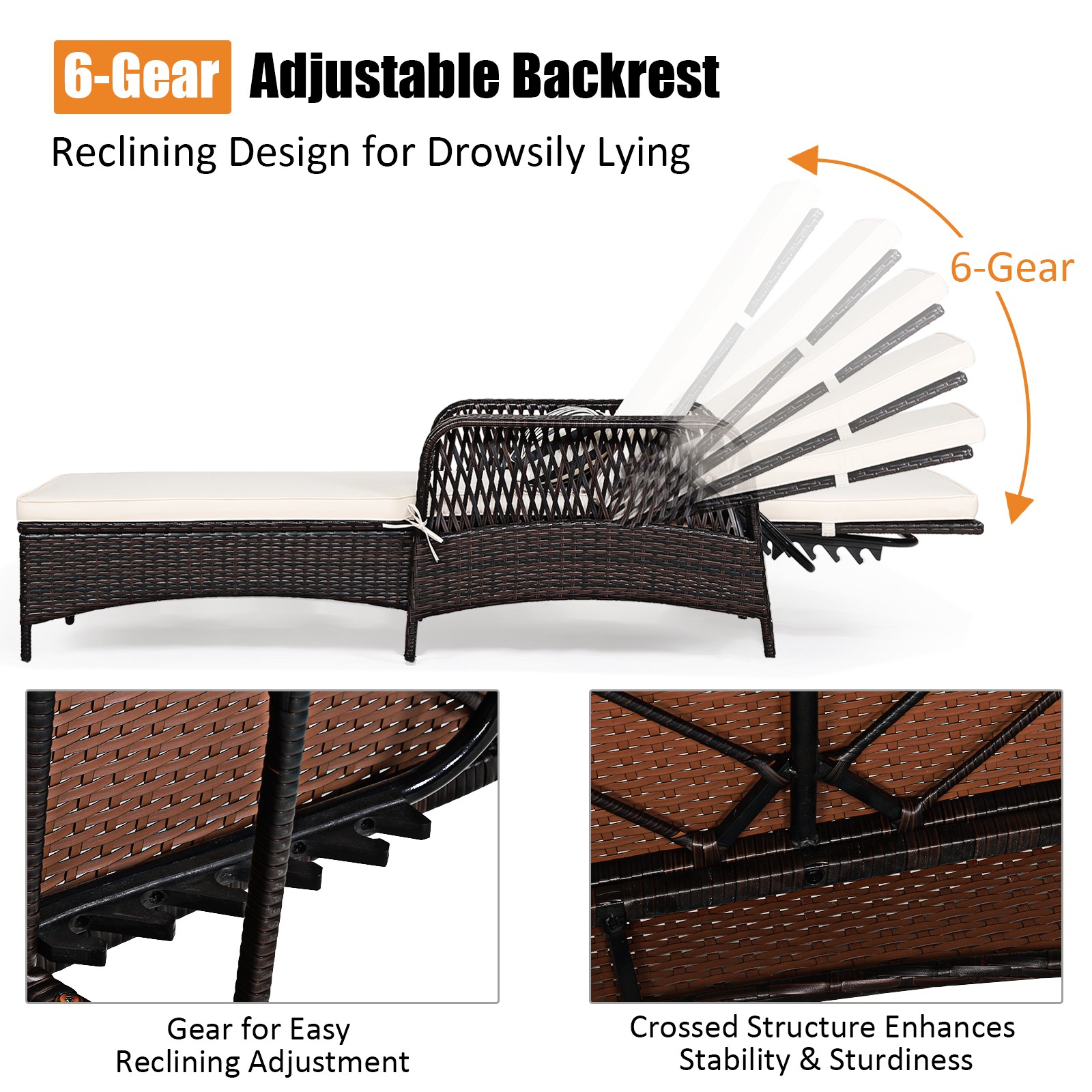 Patiojoy PE Rattan Chaise Lounge Chair Armrest Recliner Adjustable Pillow
