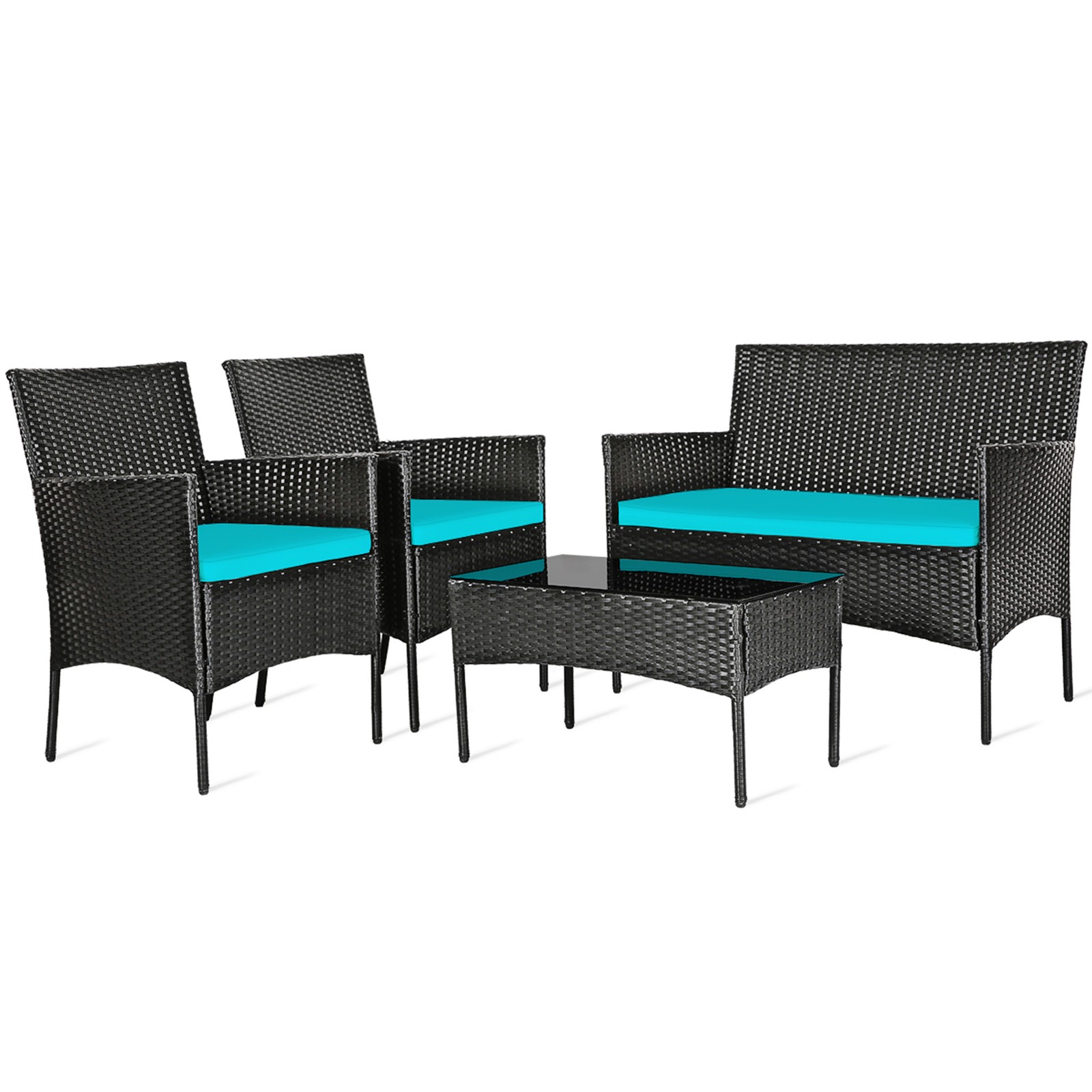4PCS Outdoor Furniture Set Patio Rattan Conversation Set w/ Turquoise Cushion